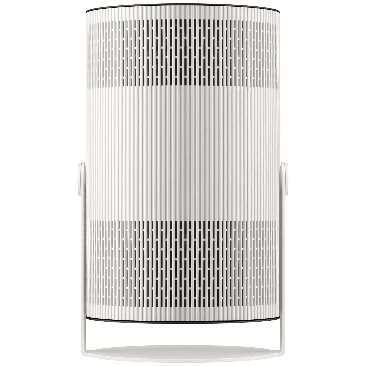 Un purificateur d'air blanc cylindrique à lamelles verticales se dresse sur un socle rond sur fond blanc.