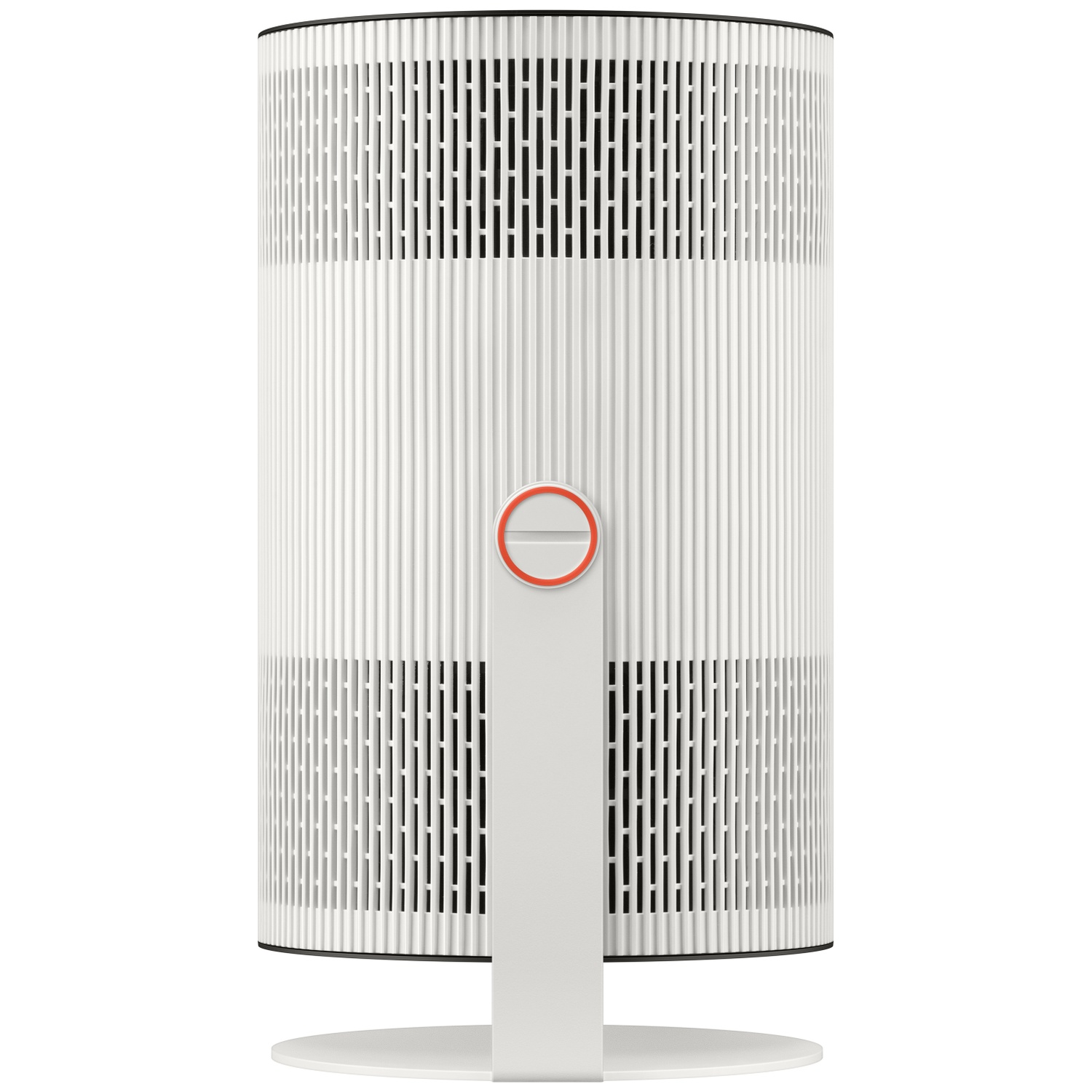 Un purificateur d'air blanc cylindrique avec des grilles verticales et un bouton de commande rouge sur un pied rond.
