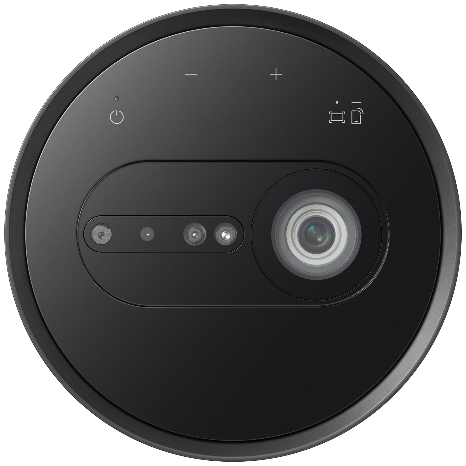 Dessus d'un projecteur noir rond avec objectif, petits capteurs et commandes tactiles.