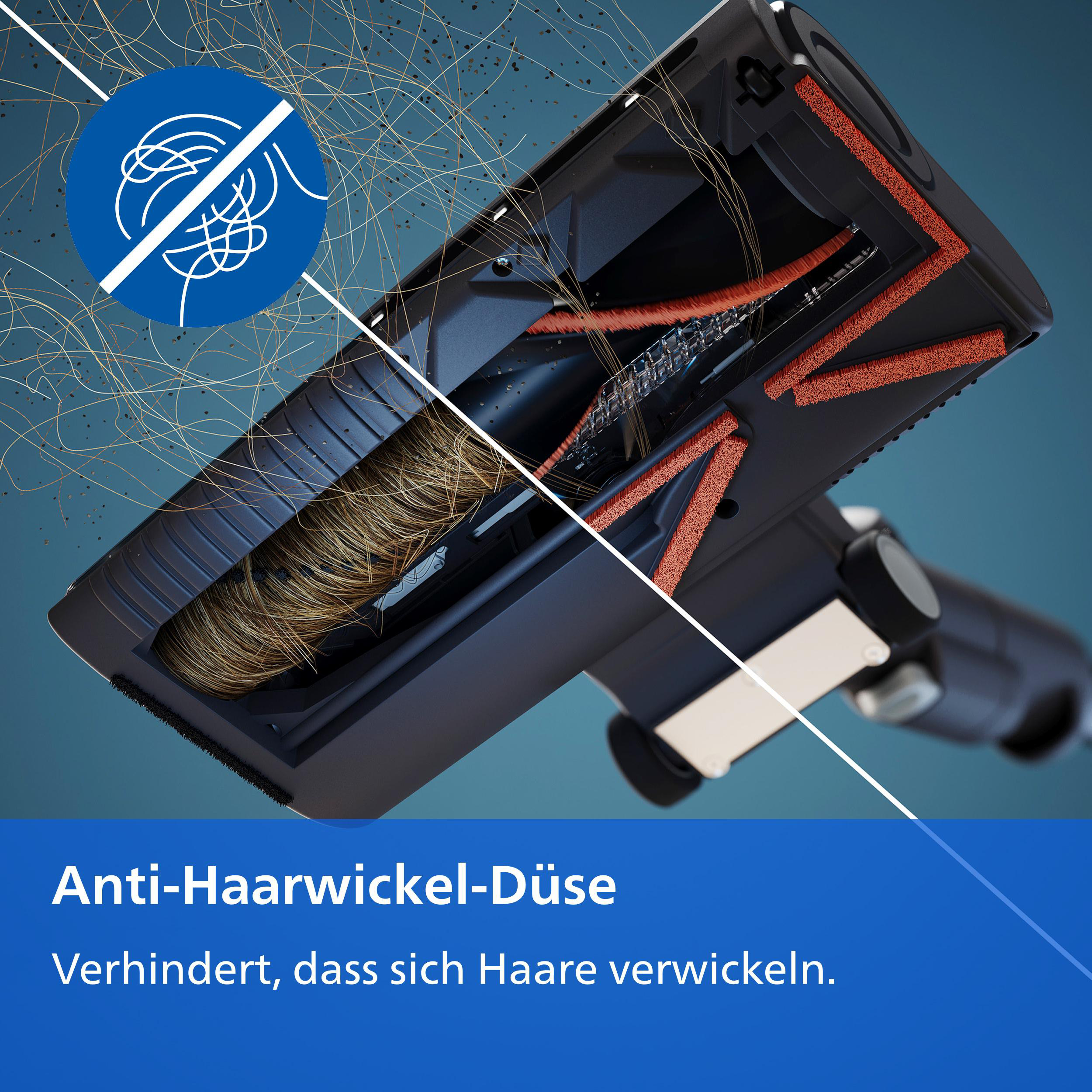 Eine Staubsauger-Bürstendüse zeigt Haare auf einer Seite verwickelt und auf der anderen sauber mit Anti-Haarwickel-Symbol.