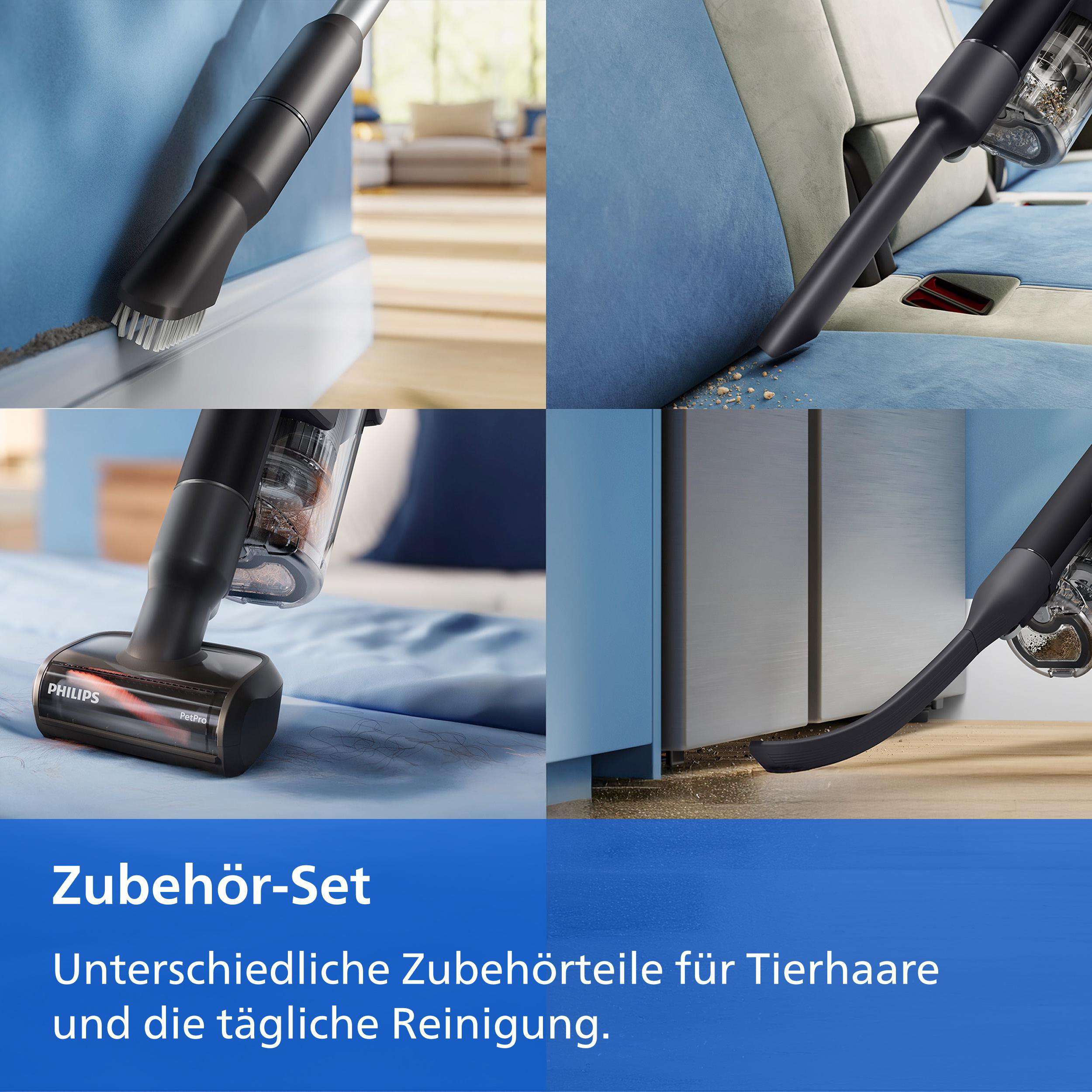 Vier Bilder zeigen Staubsaugerzubehör im Einsatz auf Polstern, Teppichen und Böden, unten deutscher Text.