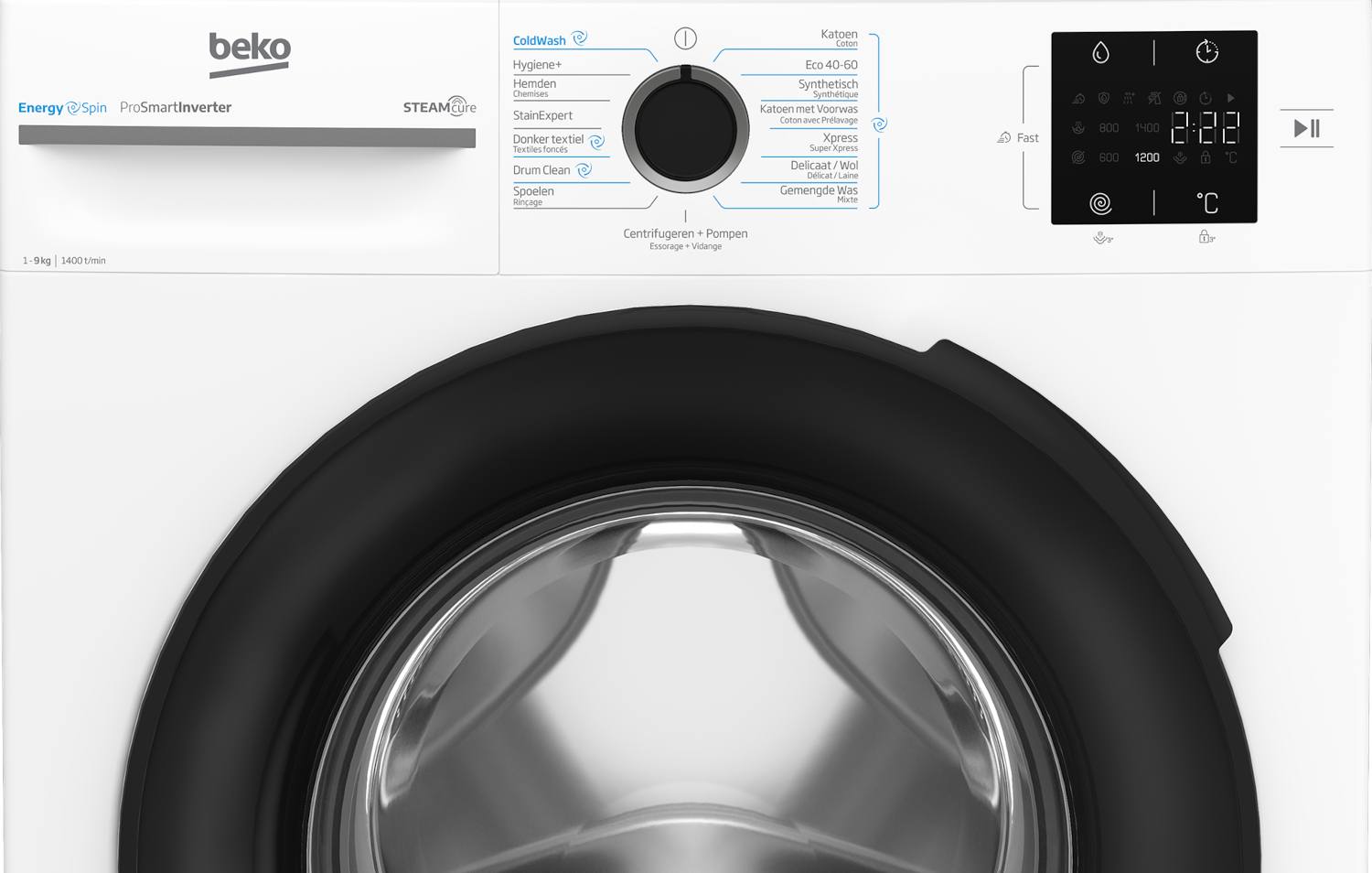 White Beko washing machine with a central program knob, digital display, and a black door seal.