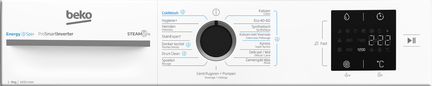 Beko washing machine control panel with program dial and digital display.