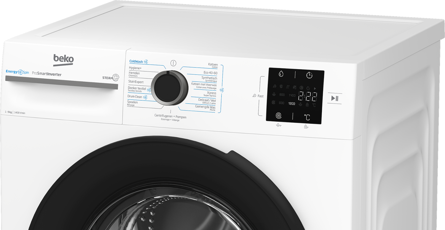 A white Beko washing machine with a control dial and digital display.