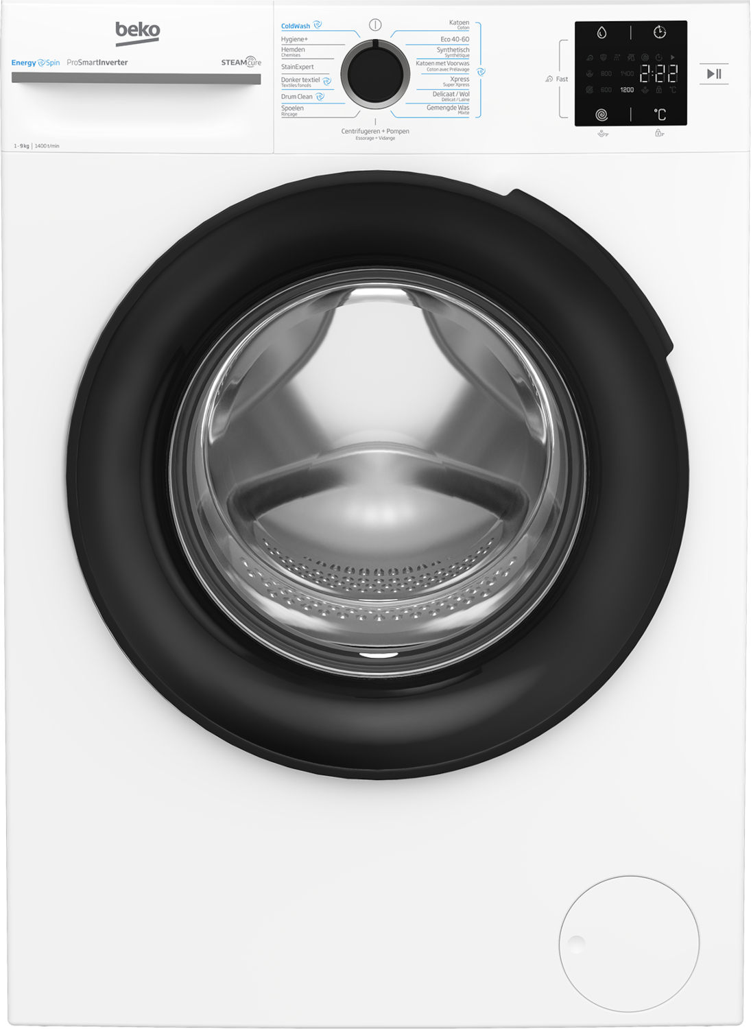 A white Beko washing machine with a black door, central program dial, and a digital display screen on the top right.
