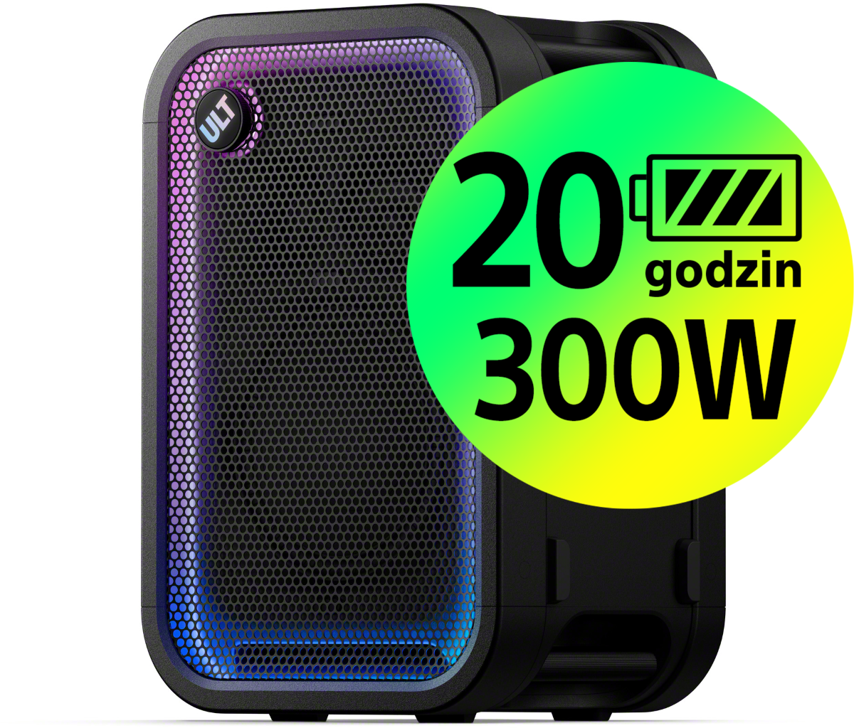 Czarny głośnik przenośny z kolorowym podświetleniem LED i okrągłą naklejką informującą o 20 godzinach i 300W.