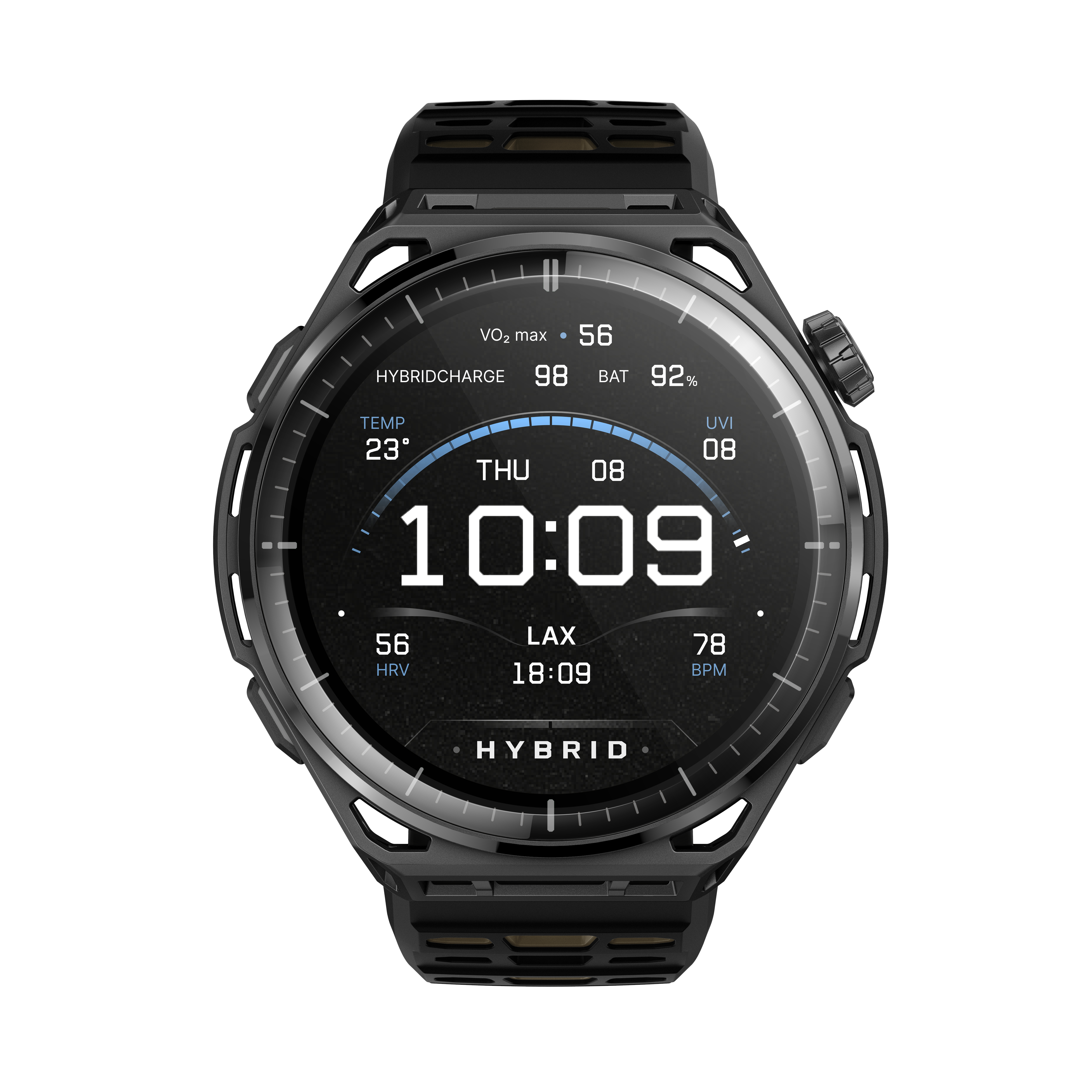 Eine schwarze Smartwatch mit Digitalanzeige zeigt 10:09, Datum, Akku 92% und Fitnessdaten.