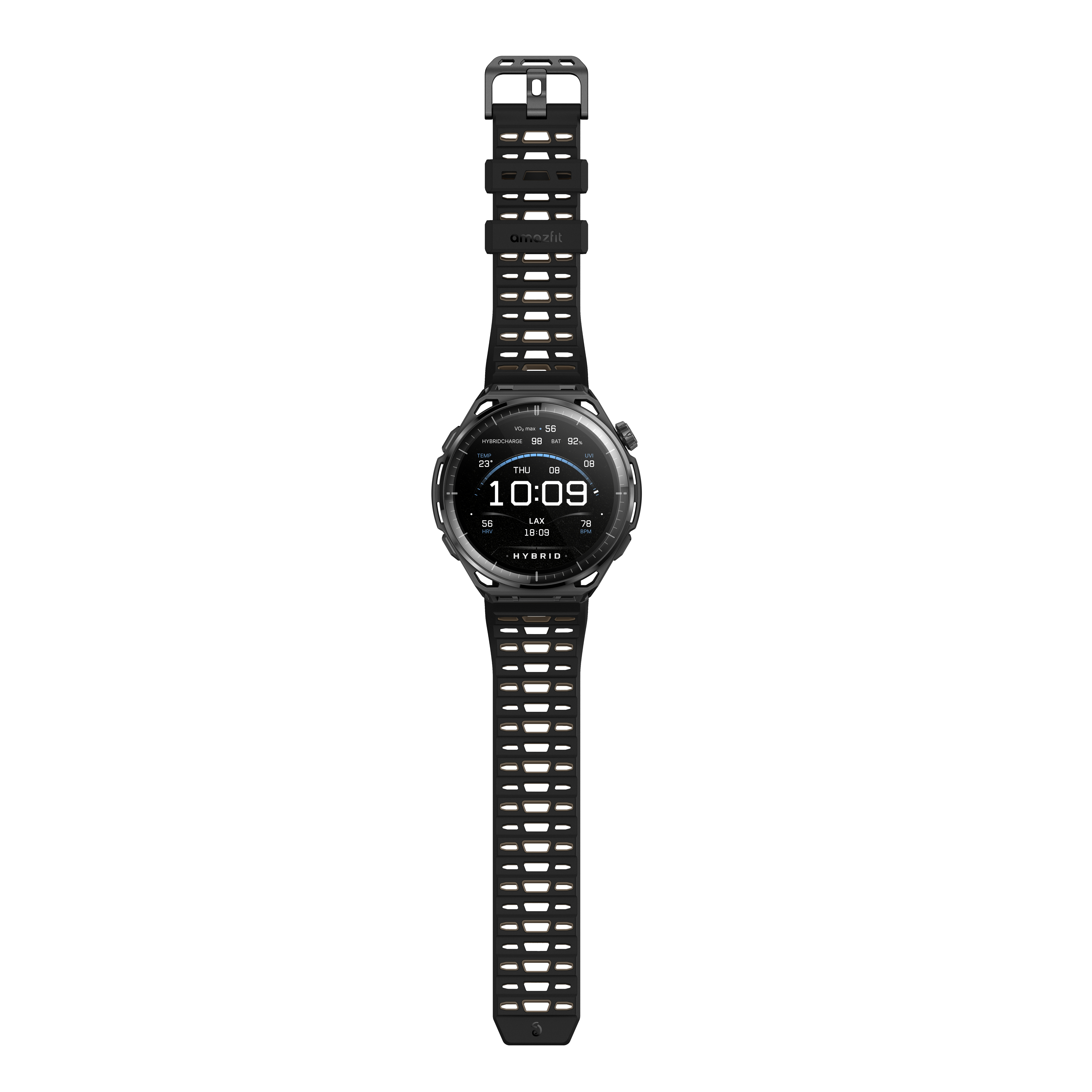 Schwarze Amazfit-Smartwatch mit rundem Gehäuse und perforiertem Armband auf weißem Hintergrund.