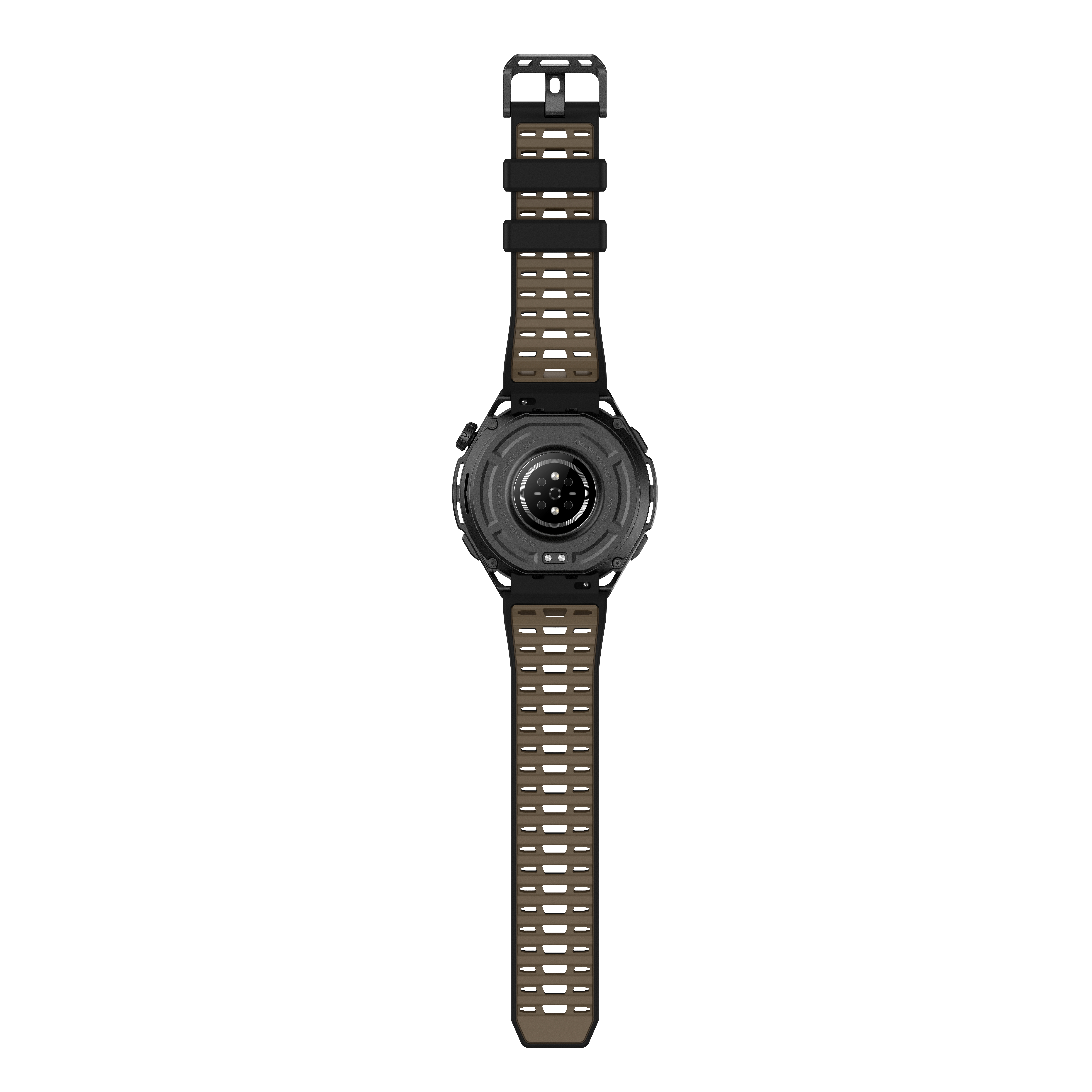 Rückseite einer schwarzen Smartwatch mit Sensors und gelöchertem Armband.