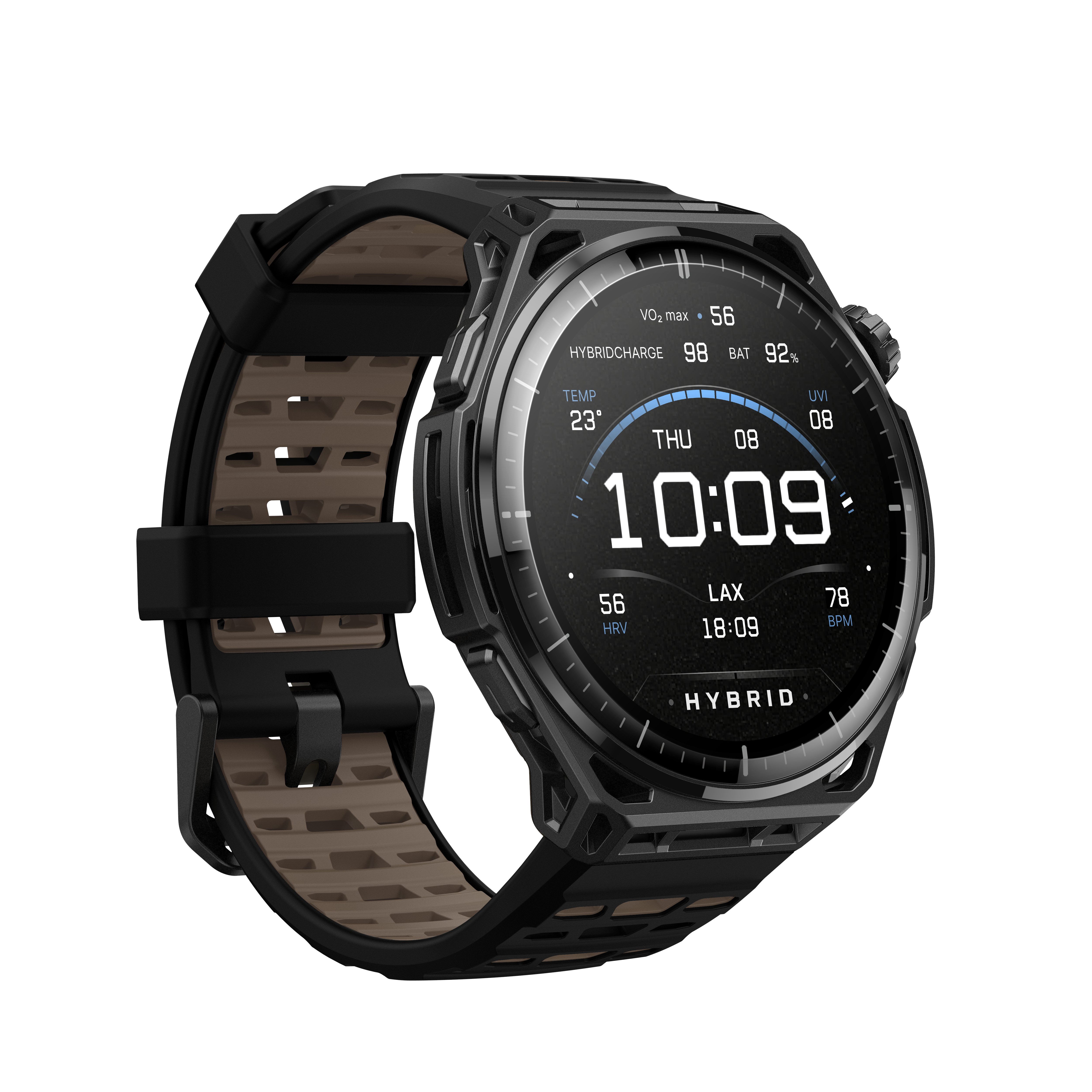 Schwarze Smartwatch mit robustem Design und braun-schwarzem Armband zeigt digitale Uhrzeit.