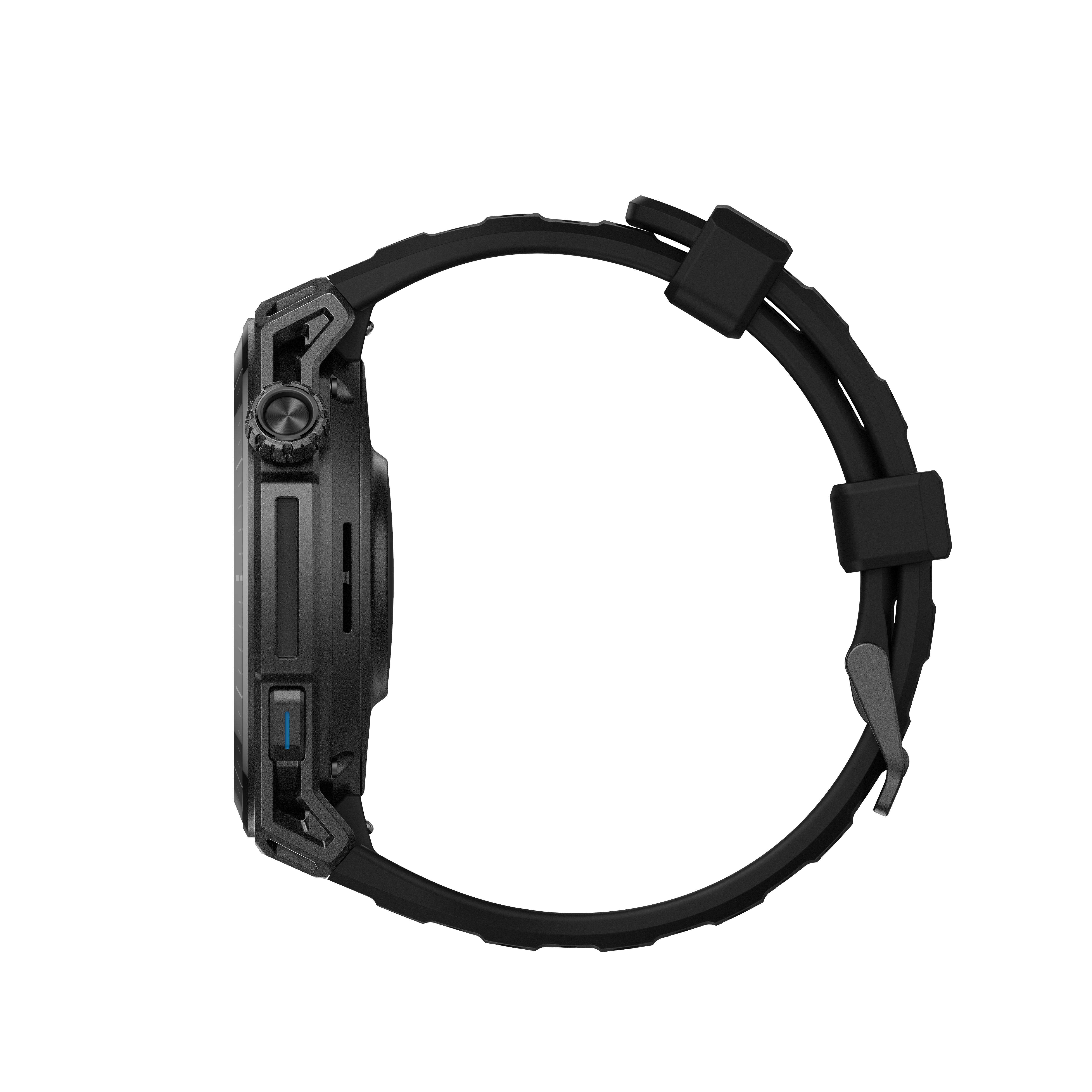 Seitenansicht einer schwarzen taktischen Smartwatch mit robustem Gehäuse und Kautschukarmband.