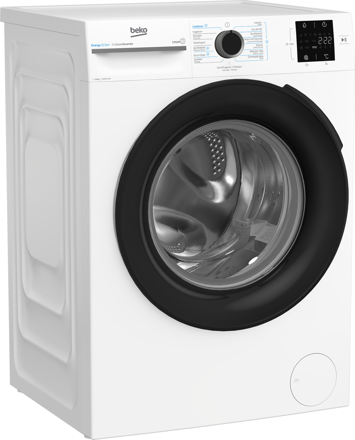 A white Beko front-load washing machine with a black door and digital display on a plain background.