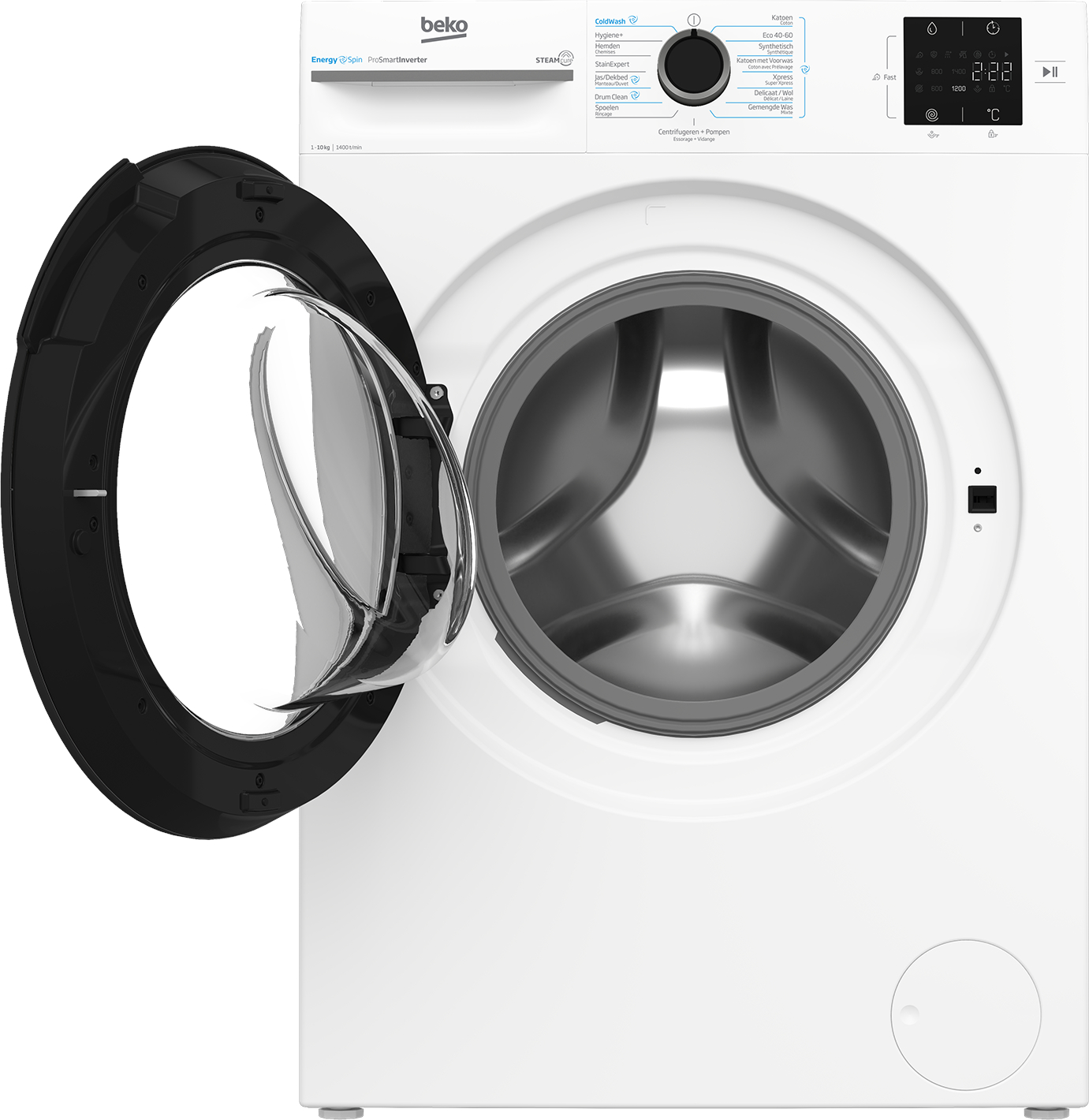 A white Beko washing machine with open drum door, digital display, and rotary knob.