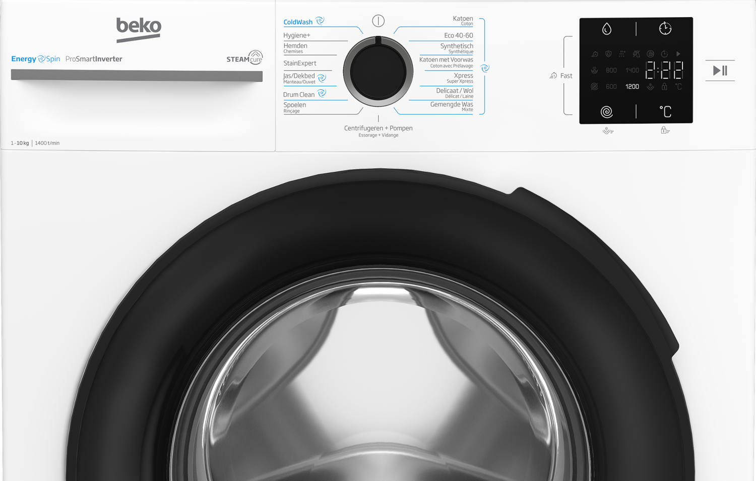 Beko washing machine featuring a rotary dial, digital display, and black door.