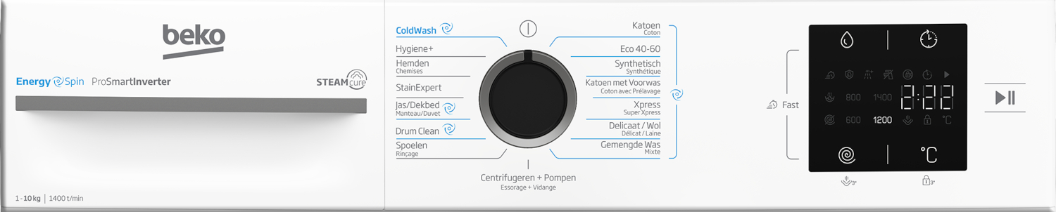 Control panel of a Beko washing machine with dial and digital display.