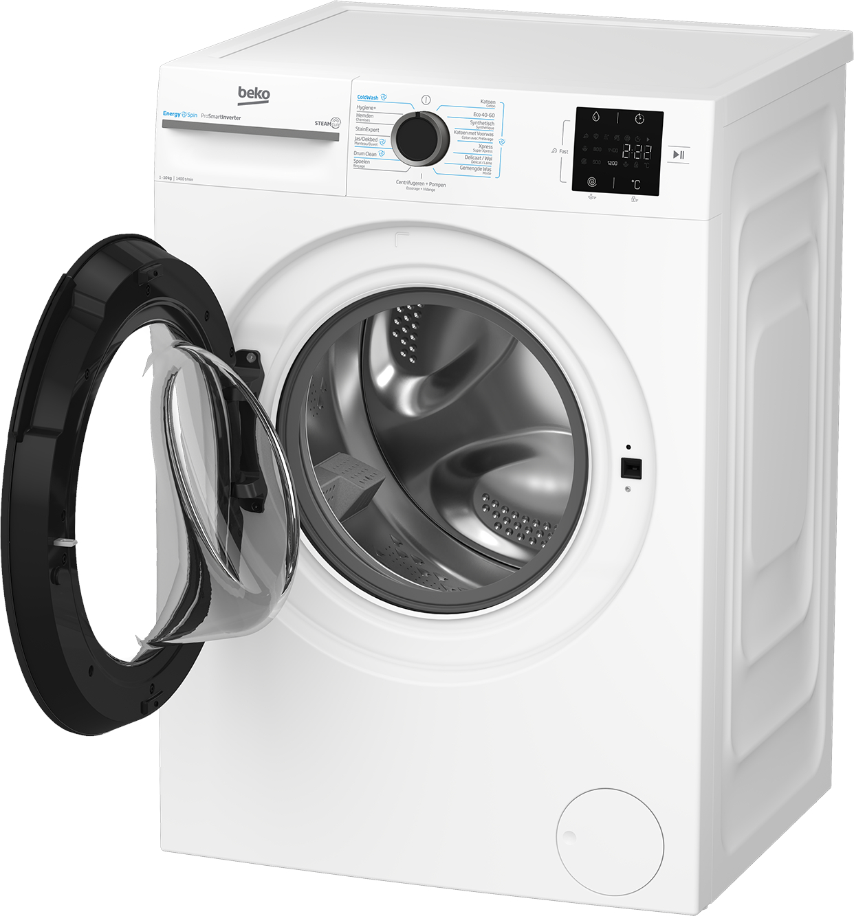 A white Beko washing machine with its drum door open and an electronic control panel.