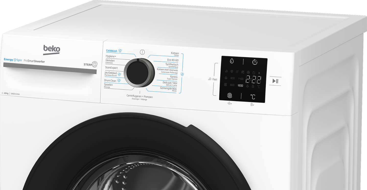 White Beko washing machine featuring a rotary dial and digital display.