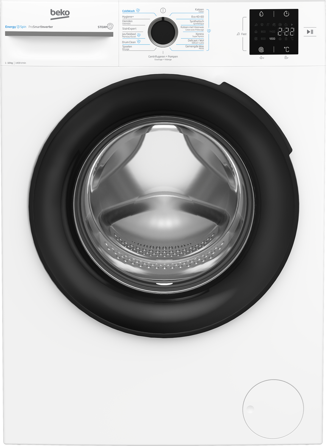 White Beko washing machine with a black porthole door and digital control panel.