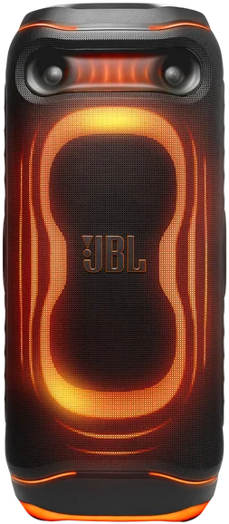 Fekete JBL Bluetooth hangszóró élénk narancssárga kör alakú LED fényekkel.