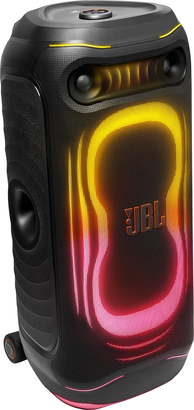 Fekete JBL parti hangszóró sárga és piros LED fénysávokkal és a JBL logóval középen.