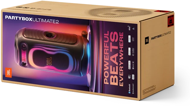 JBL PartyBox Ultimate2 hangszóró világosbarna kartondobozban, színes fényhatásokkal.