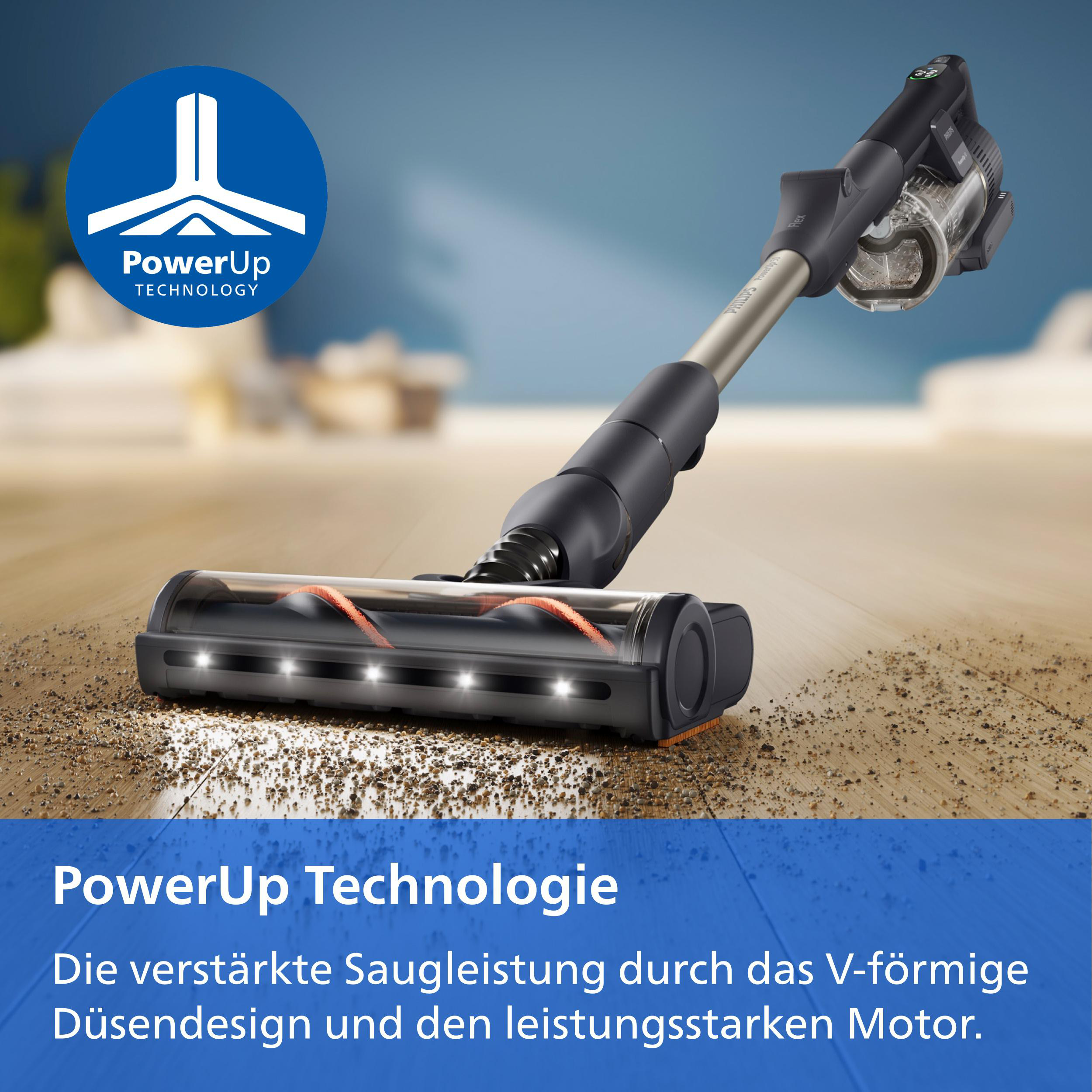 Ein kabelloser Staubsauger saugt Schmutz von einem Holzboden mit LED-Beleuchtung.