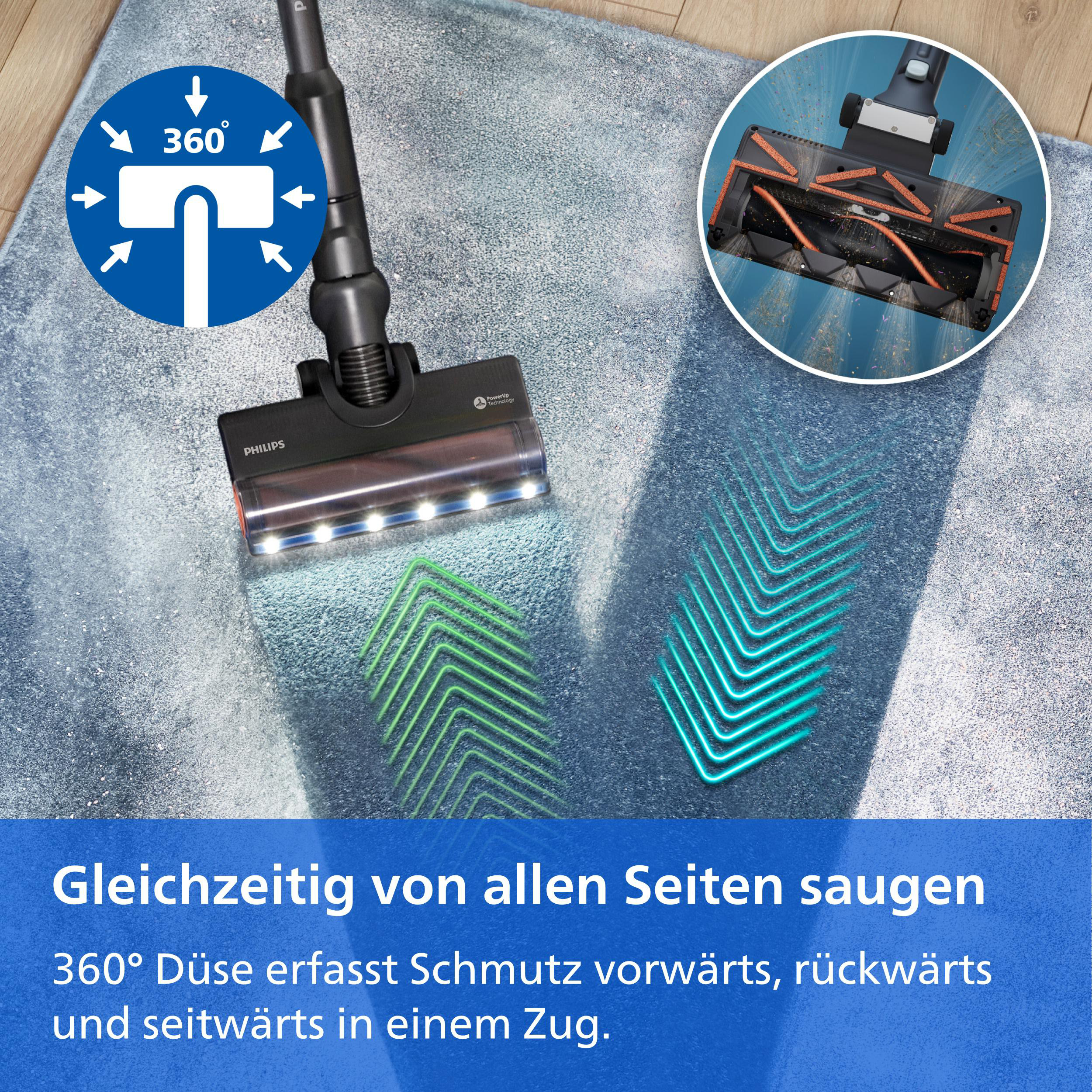 Eine Philips Staubsaugerdüse reinigt einen blauen Teppich mit 360-Grad-Saugkraft.