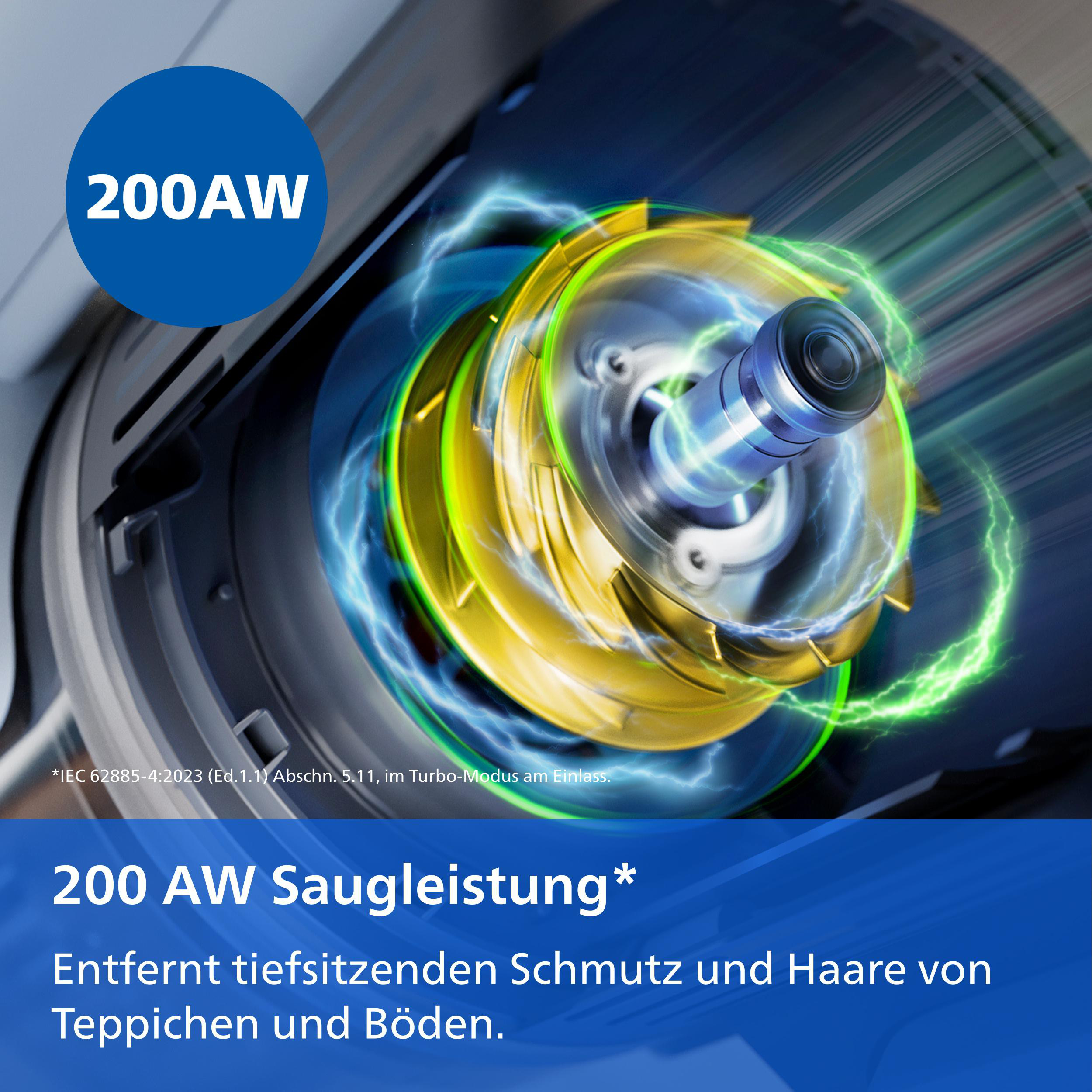 Technischer Motor mit 200 AW Saugleistung und elektrischen Effekten für kraftvolle Reinigung.