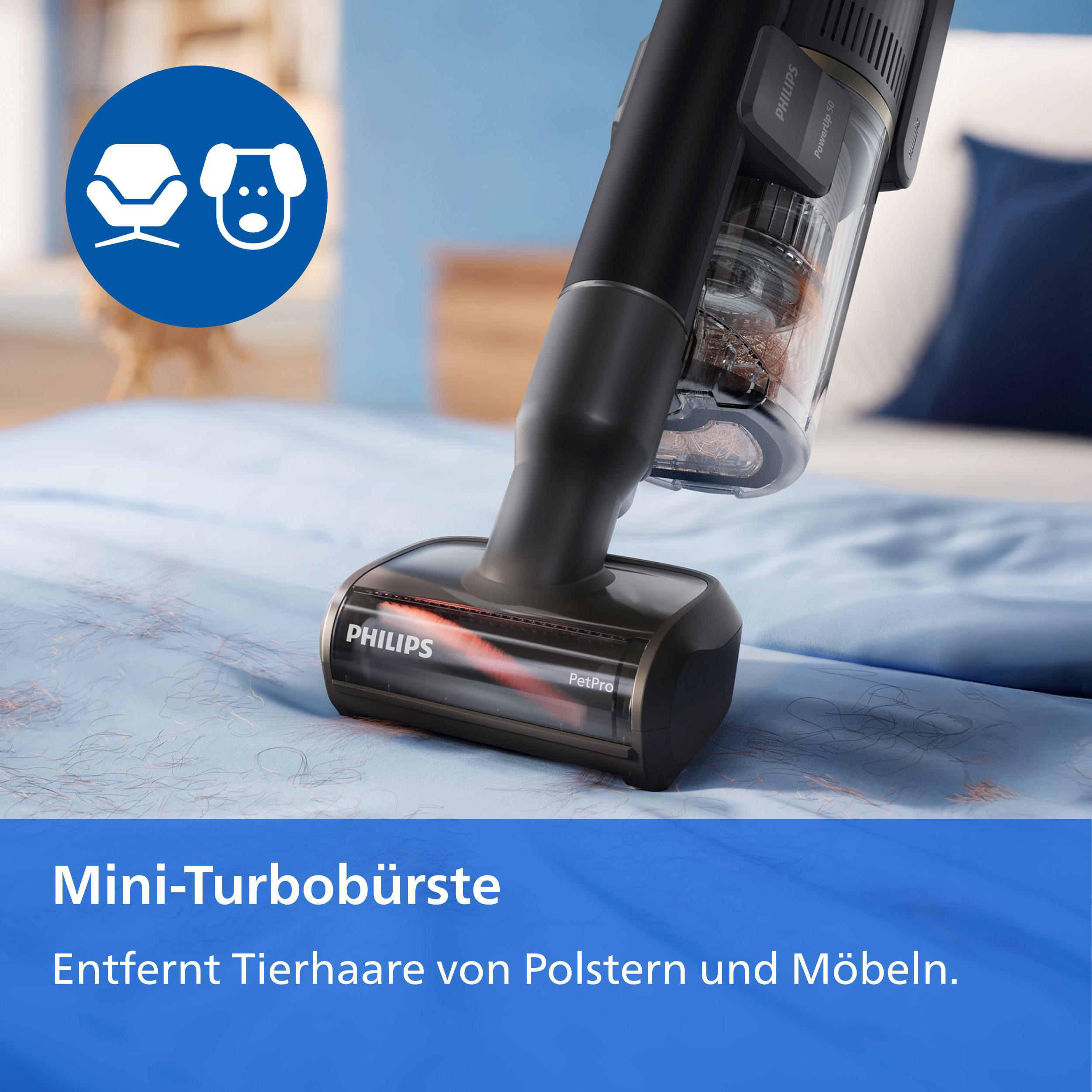 Philips Mini-Turbobürste saugt Tierhaare von einem blauen Sofa.