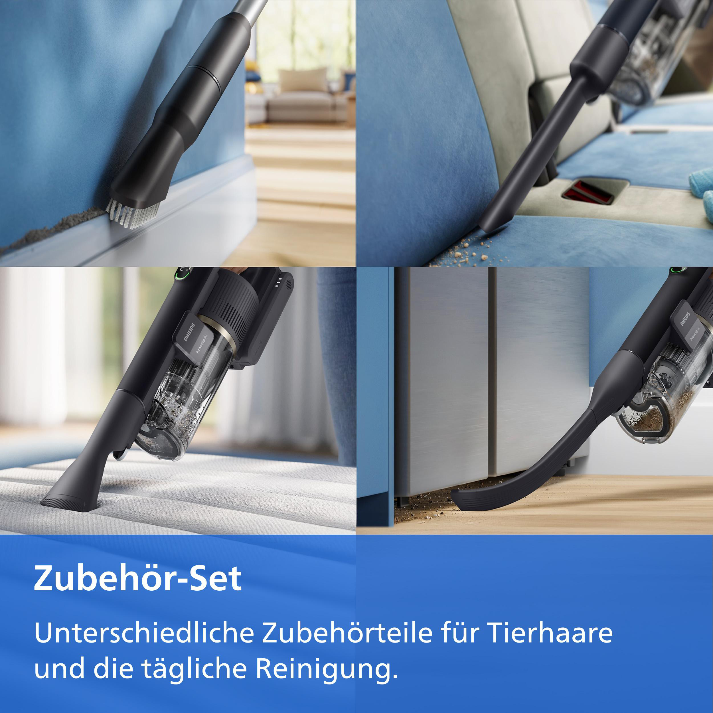 Vier Bilder zeigen Philips Staubsauger-Aufsätze bei der Reinigung von Ecken, Möbeln und Böden.