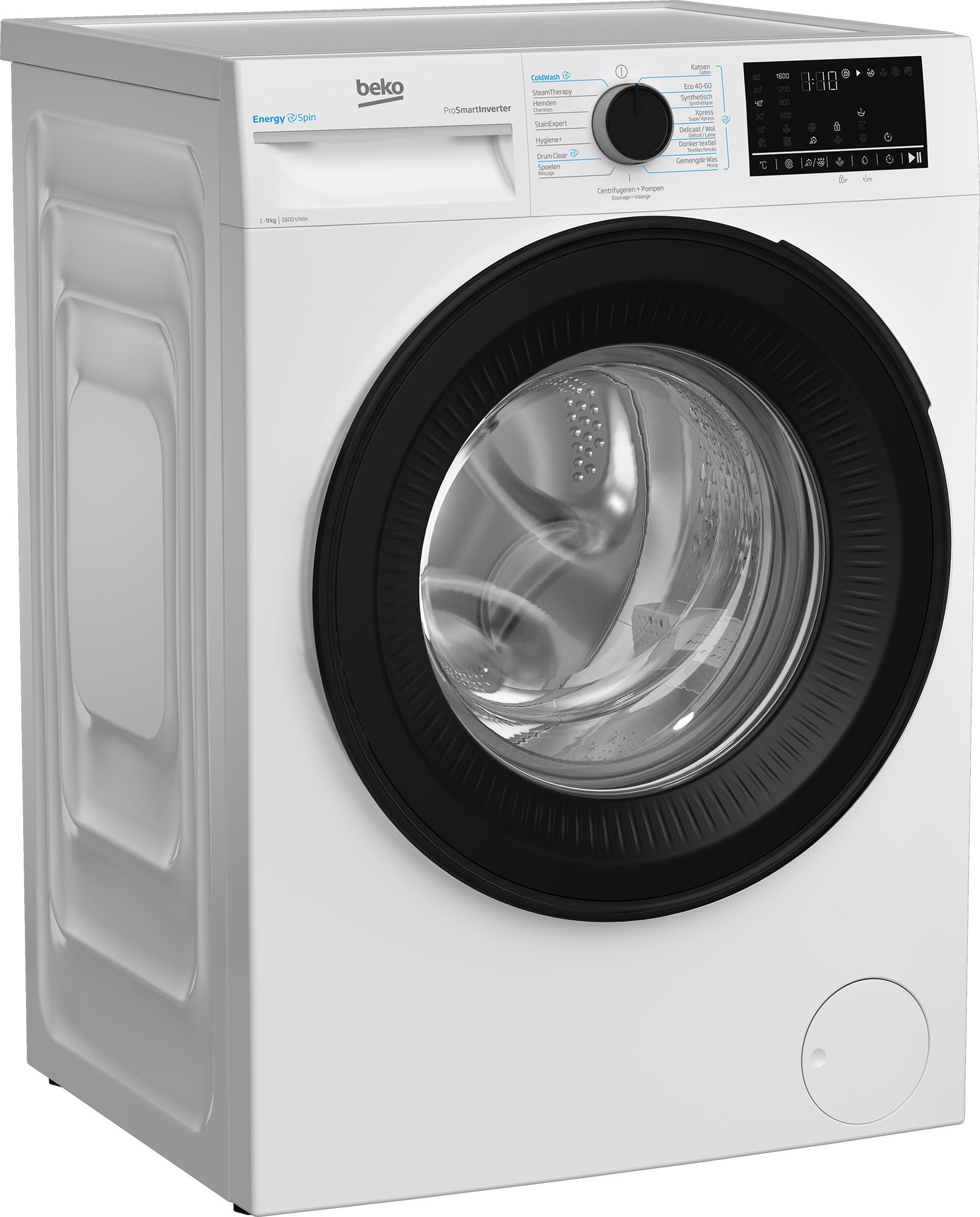 White Beko washing machine with black glass door, rotary dial, and digital display.