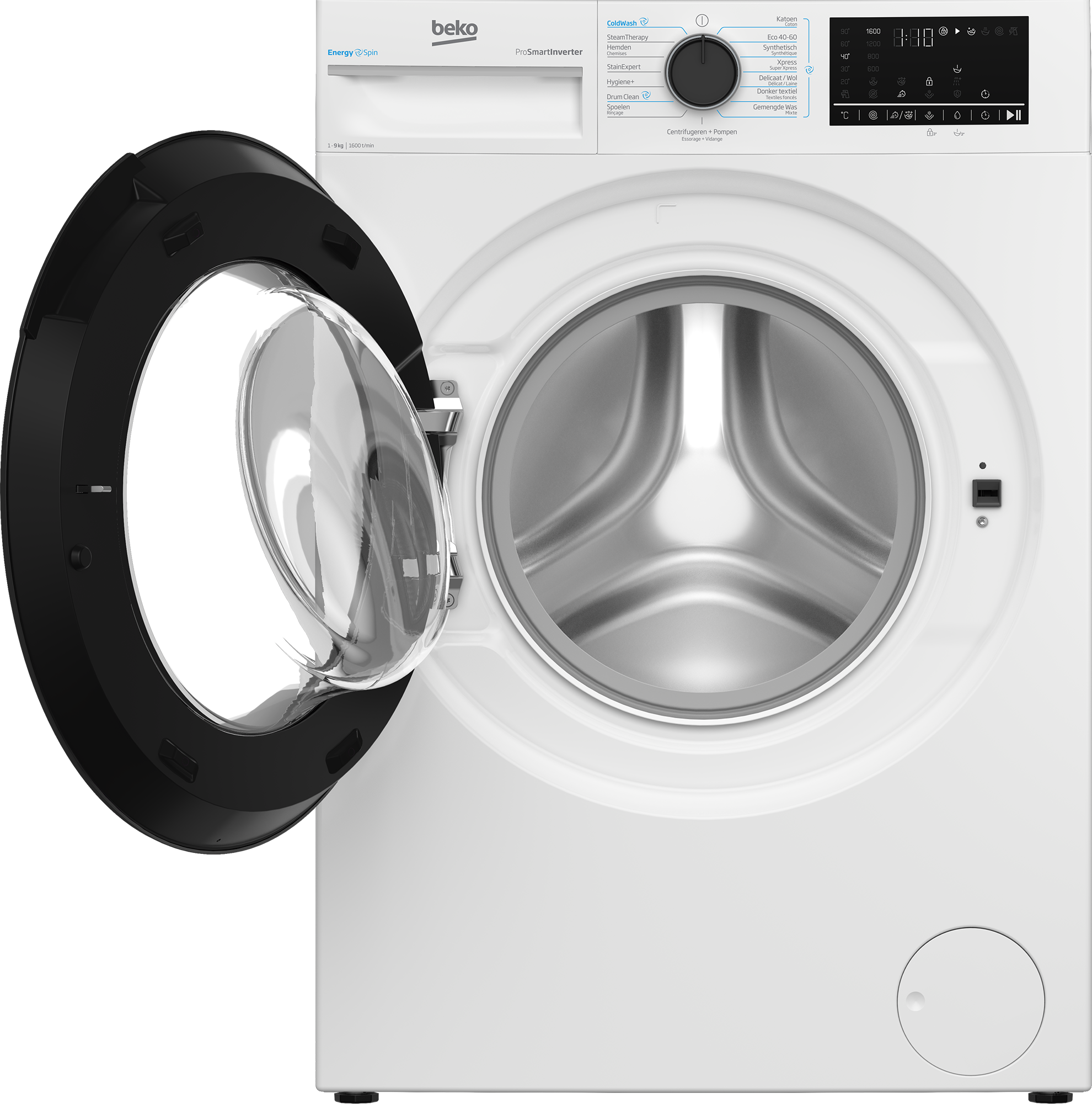 White Beko washing machine with a black control panel and its glass door open to the left.