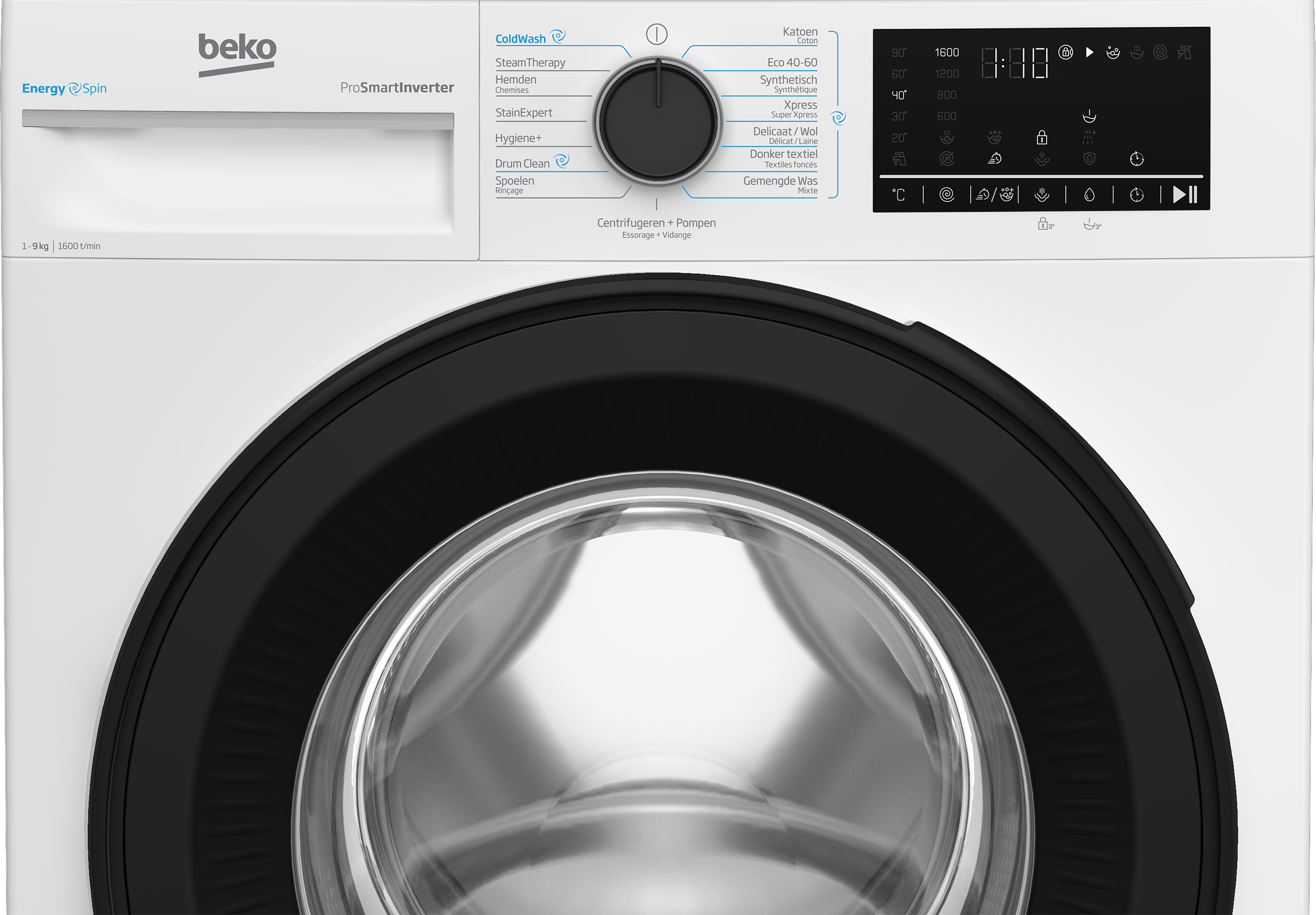 White Beko washing machine with dial, digital display, and large door.