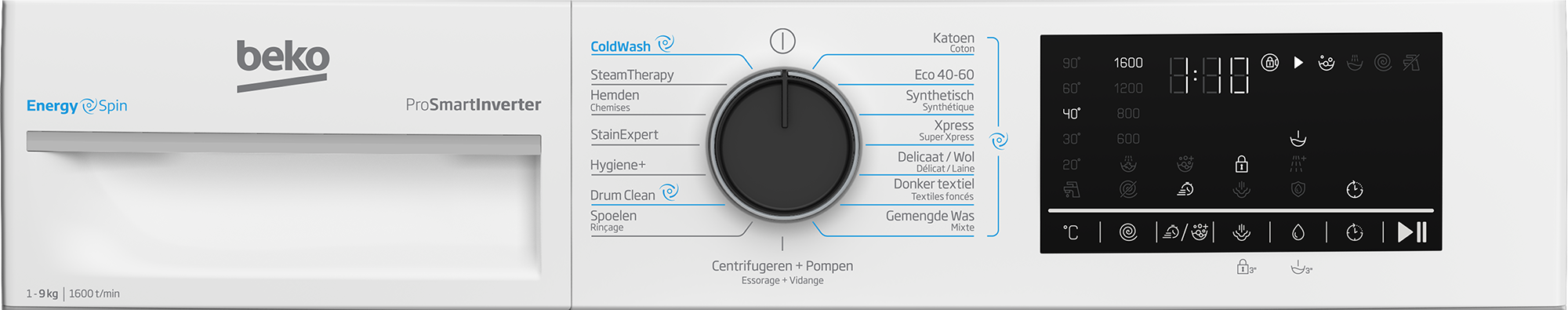Control panel of a white Beko washing machine with rotary dial and digital display.