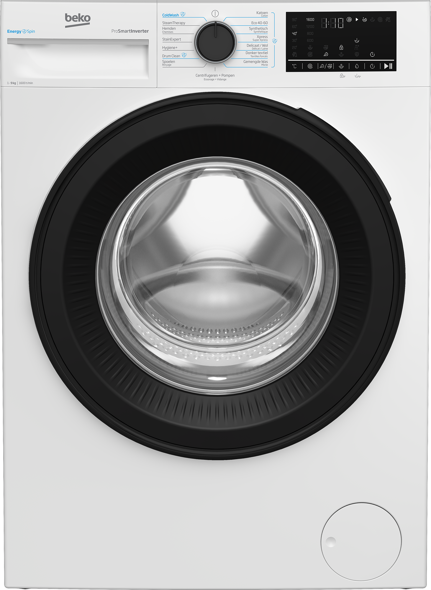 A modern white Beko washing machine featuring a black porthole door, rotary dial, and digital display.