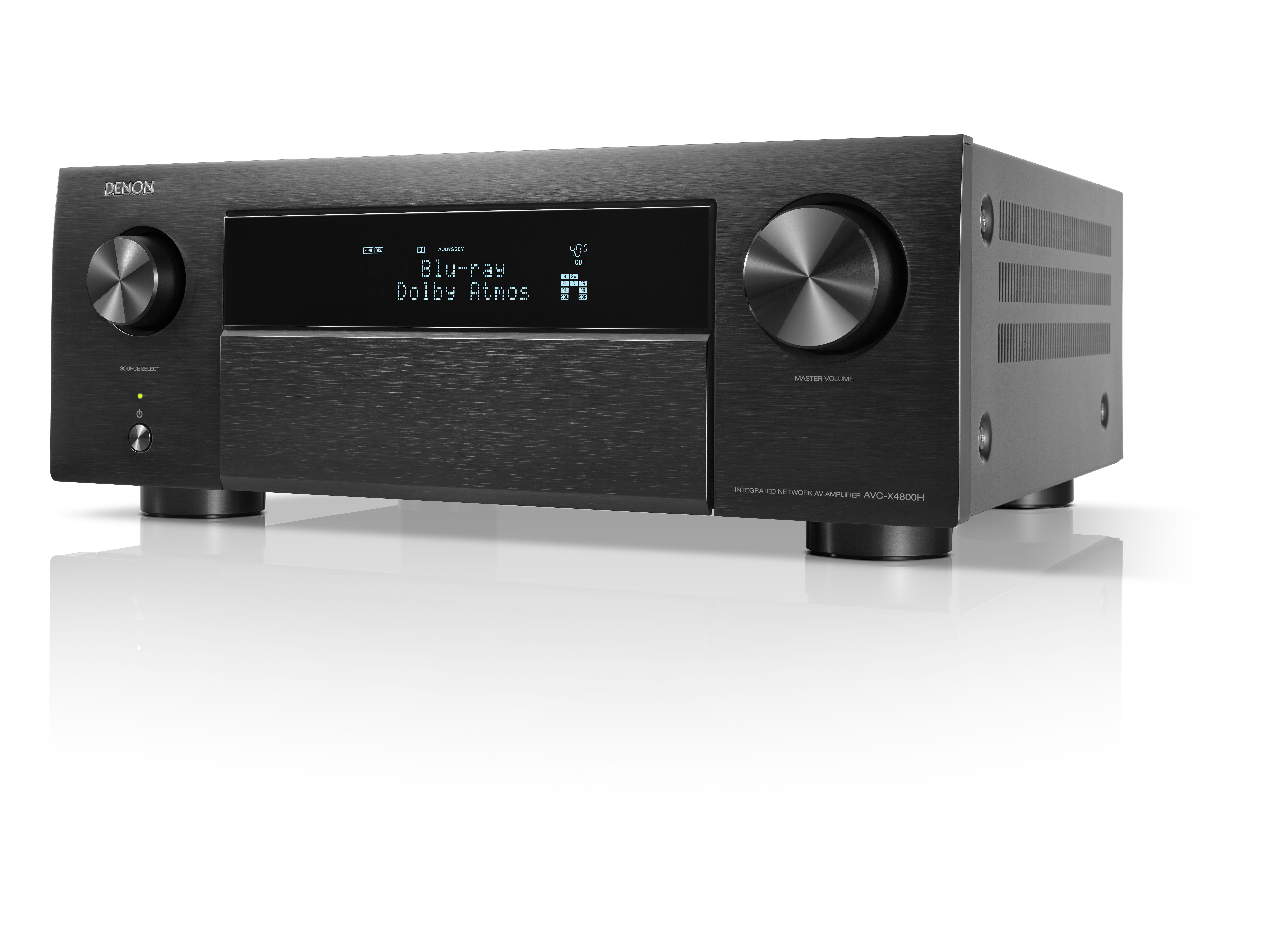 Ein schwarzer Denon AVC-X4800H Netzwerk-AV-Verstärker mit zentralem Display und zwei großen Metallreglern.
