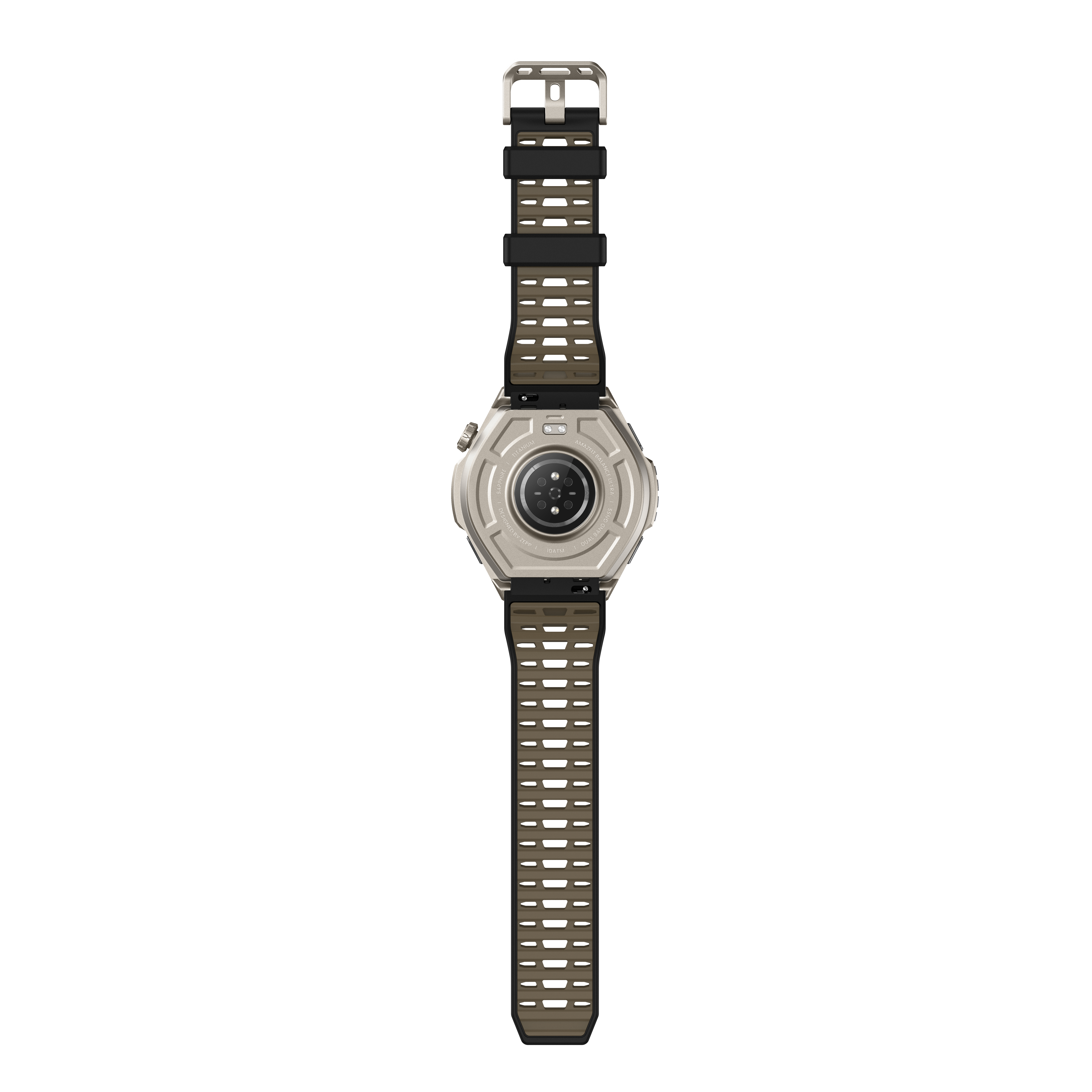 Rückseite einer robusten Smartwatch mit Sensoren und gelöchertem schwarzem Armband auf weißem Hintergrund.