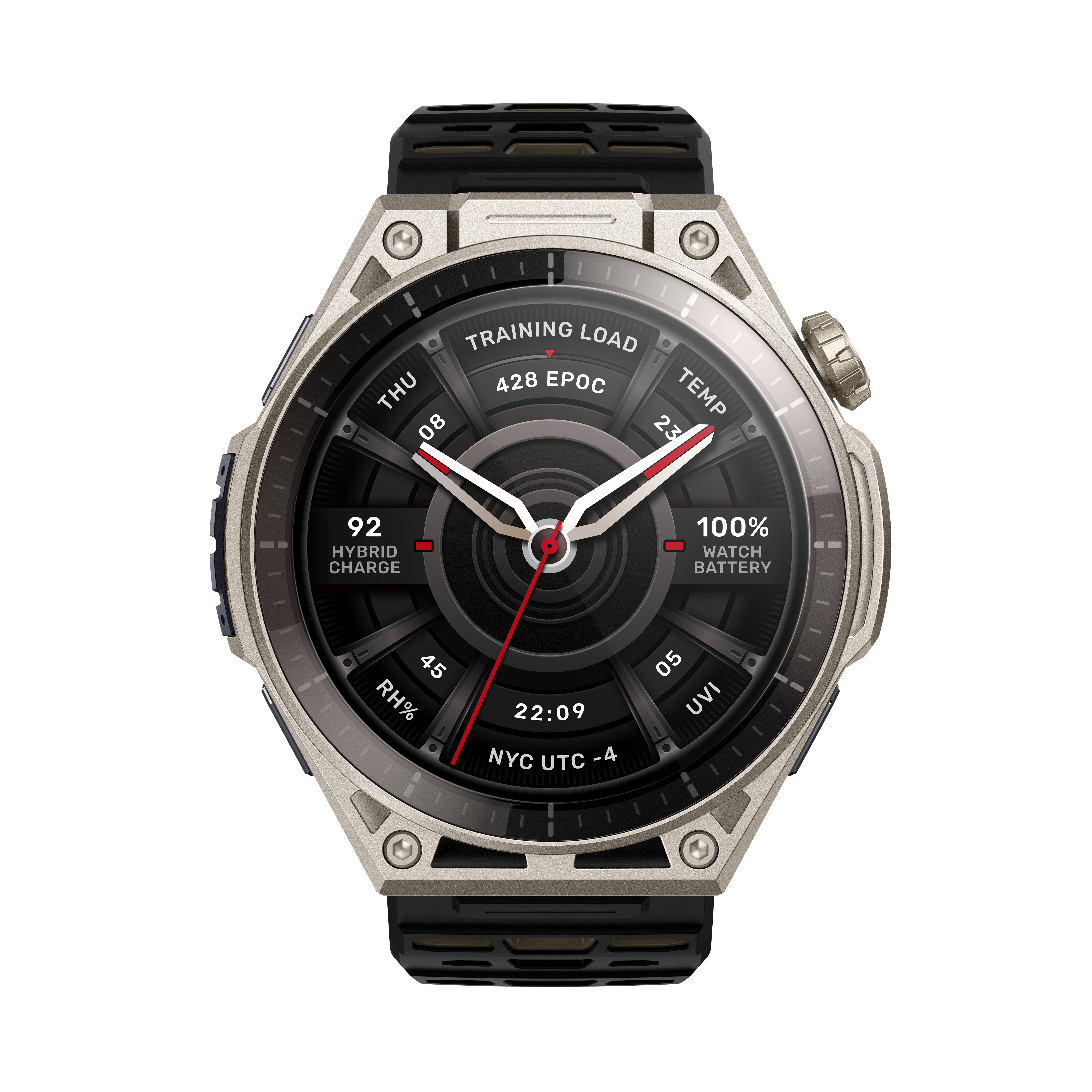 Robuste Smartwatch mit Metallgehäuse, schwarzem Silikonarmband und einem Zifferblatt voller Statistiken.