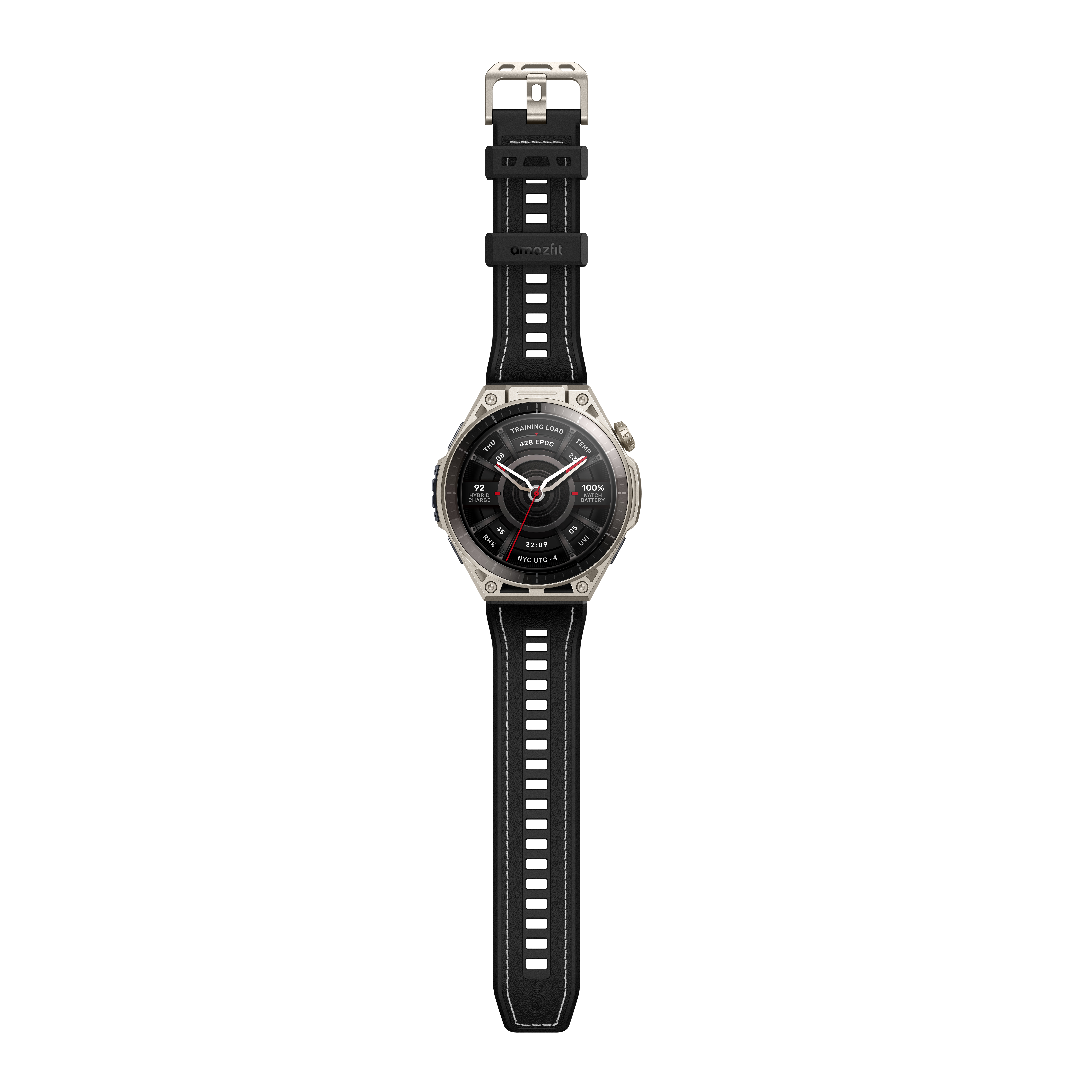 Eine robuste Smartwatch mit silbernem Gehäuse, schwarzem Lederarmband und detailliertem Zifferblatt auf weißem Grund.