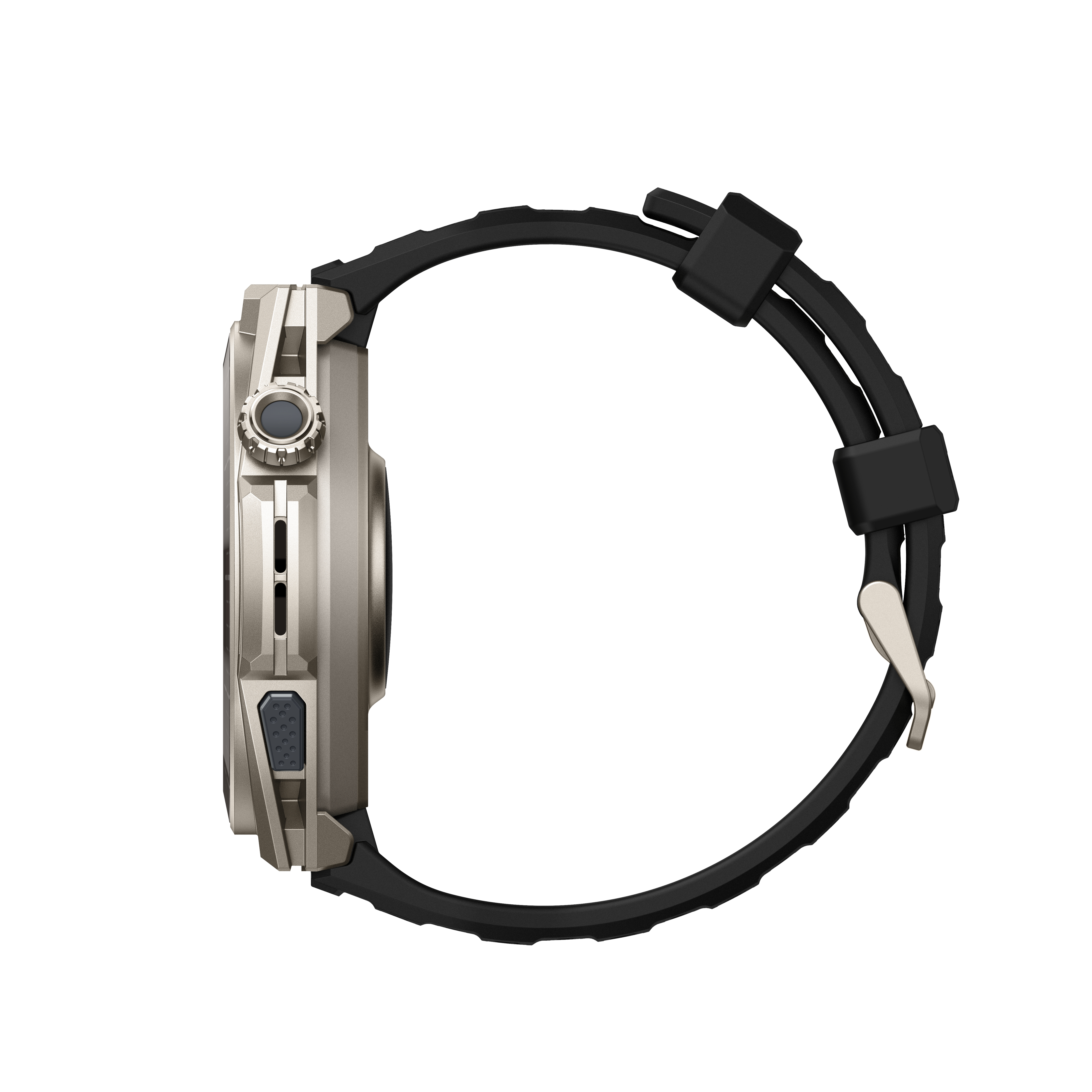 Seitenansicht einer goldenen Sportuhr mit schwarzem Silikonarmband auf weißem Hintergrund.
