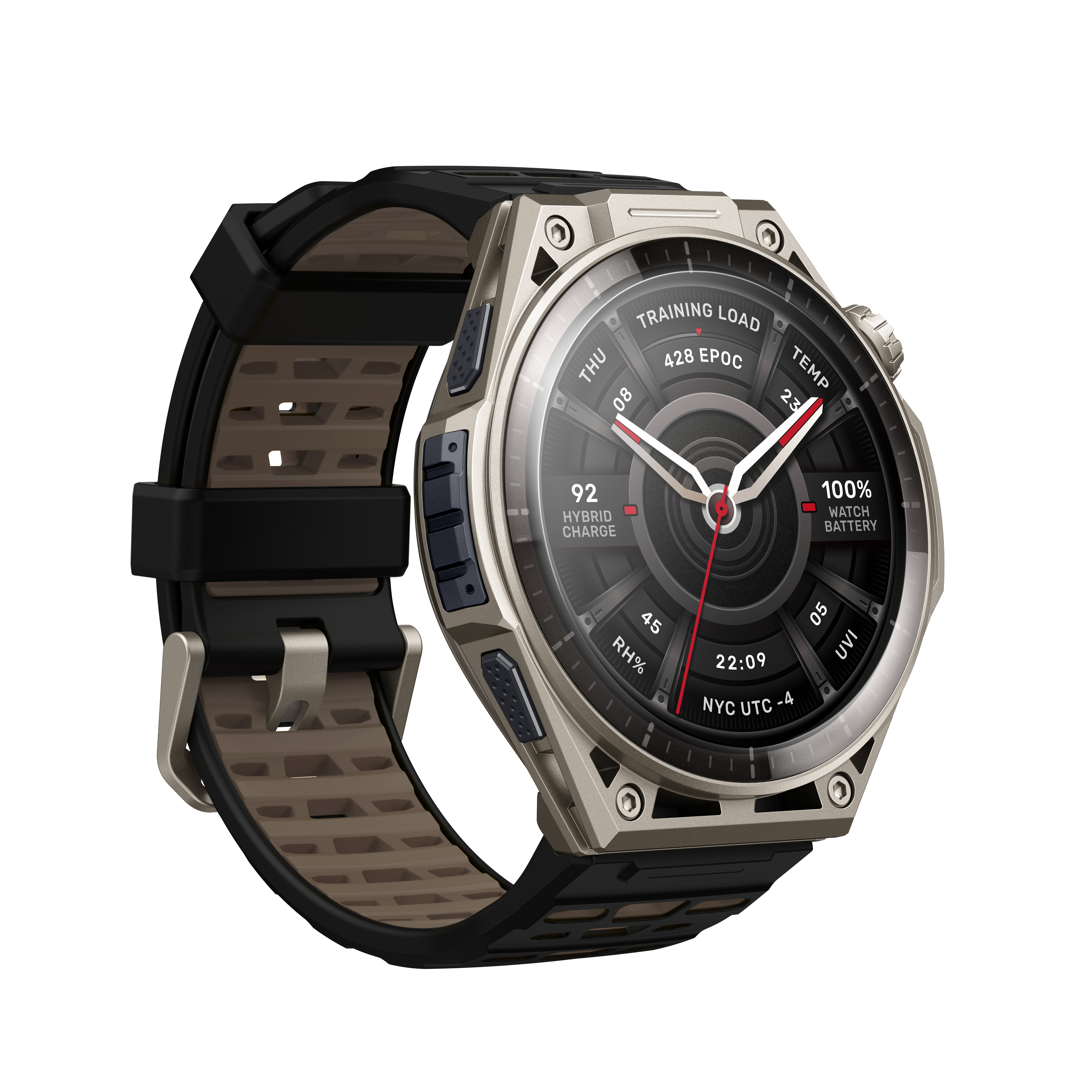 Robuste Smartwatch mit titanfarbenem Gehäuse, schwarzem Silikonarmband und detailliertem Zifferblatt auf weißem Grund.