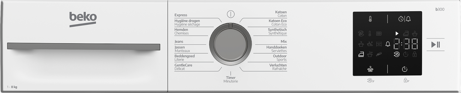 Front view of white Beko tumble dryer with rotary dial and digital display.