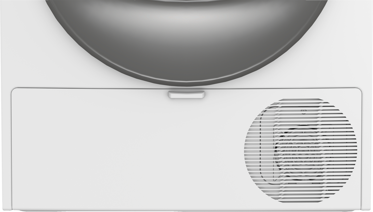 Close-up of a white dryer door with a ventilation grille on the lower right and a dark porthole on top.
