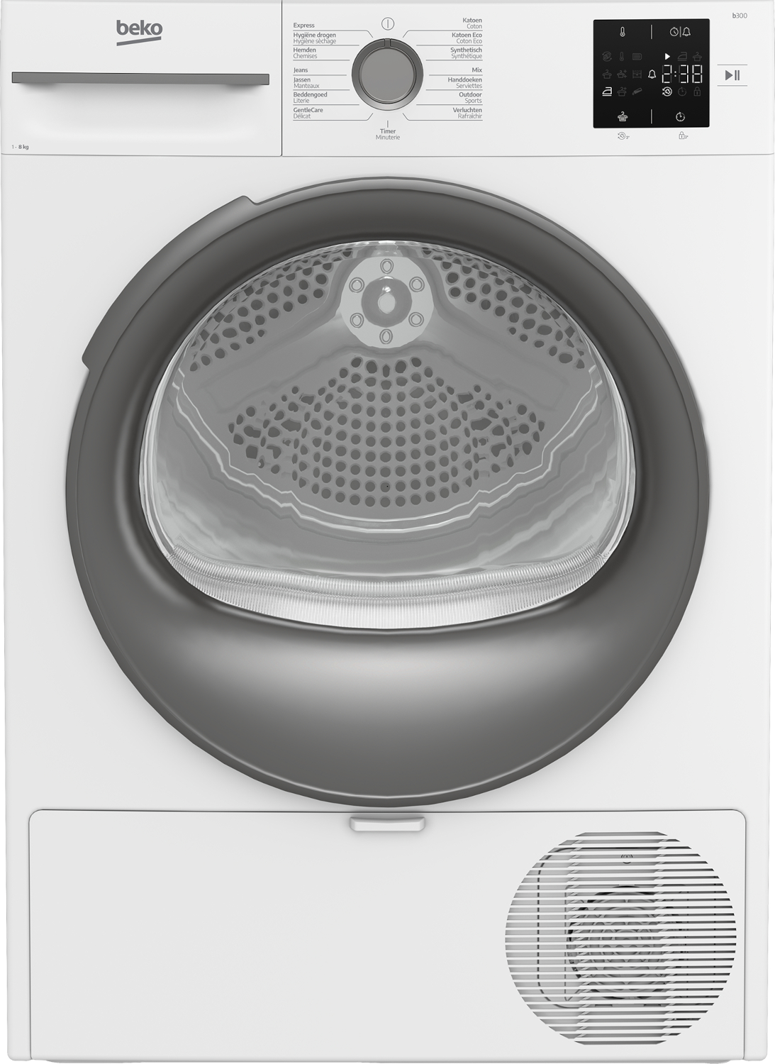 A white Beko tumble dryer featuring a black door, digital display, and rotary dial.