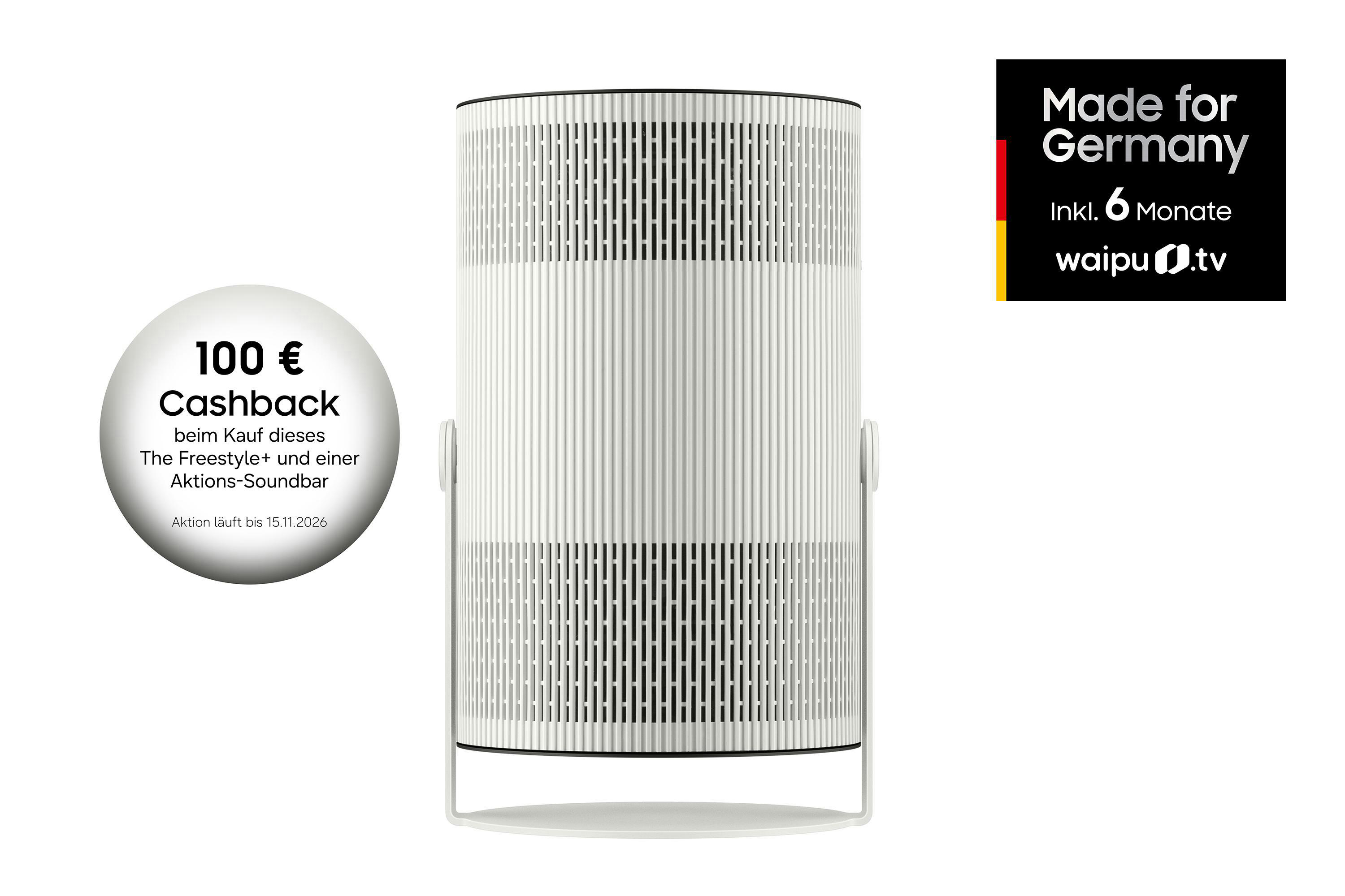 Weißer zylindrischer Projektor in einem Ständer mit Cashback-Angebot und deutscher Flagge.