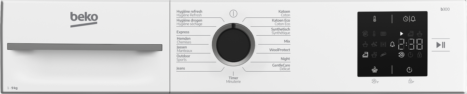 Vooraanzicht van een wit Beko wasmachine bedieningspaneel met programmakeuzeknop en digitaal display.