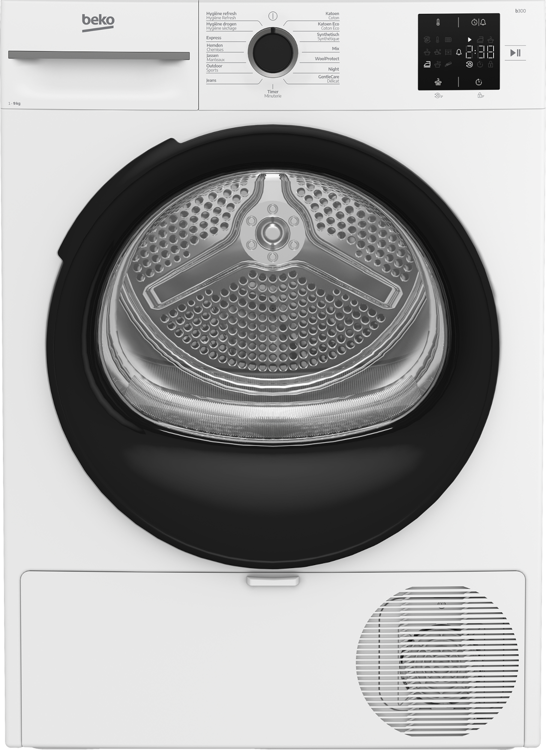 Een witte Beko droger met een zwarte glazen deur, draaiknop en digitaal paneel.
