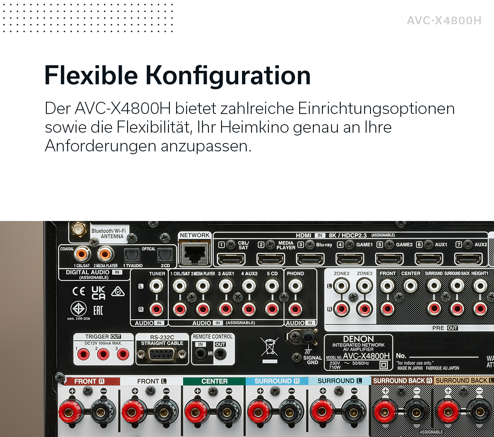 Rückseite des Denon AVC-X4800H Verstärkers mit zahlreichen Anschlussmöglichkeiten für Audio und Video.