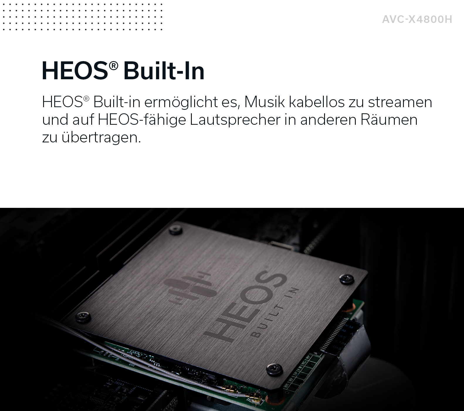 HEOS Built-In Modul auf einer Platine mit Textbeschreibung oben.