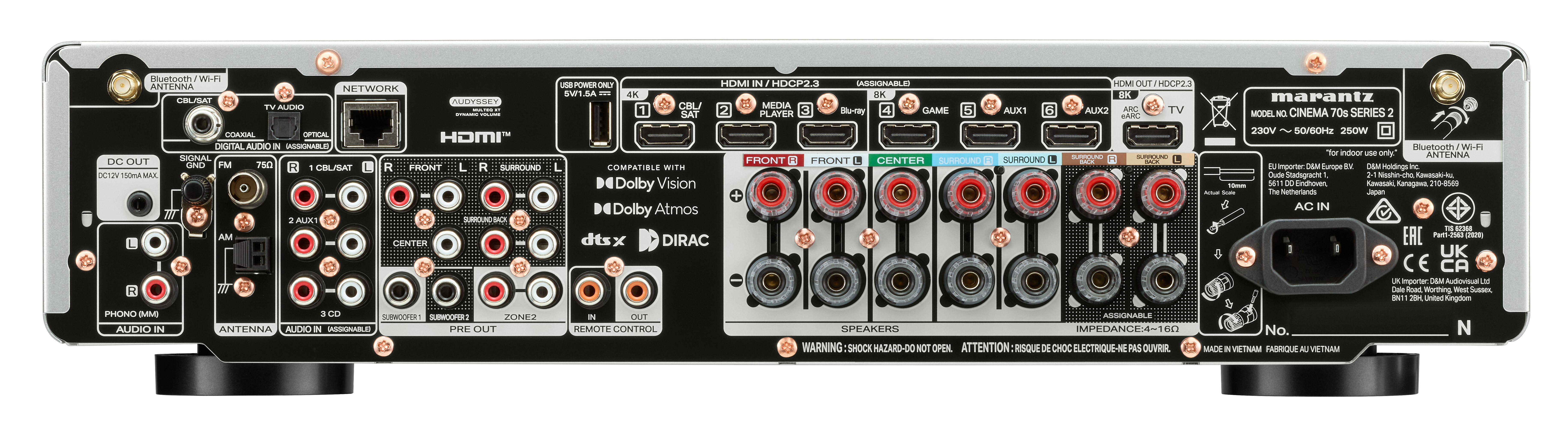 Die Rückseite eines Marantz AV-Receivers mit verschiedenen HDMI-, Audio- und Lautsprecheranschlüssen.